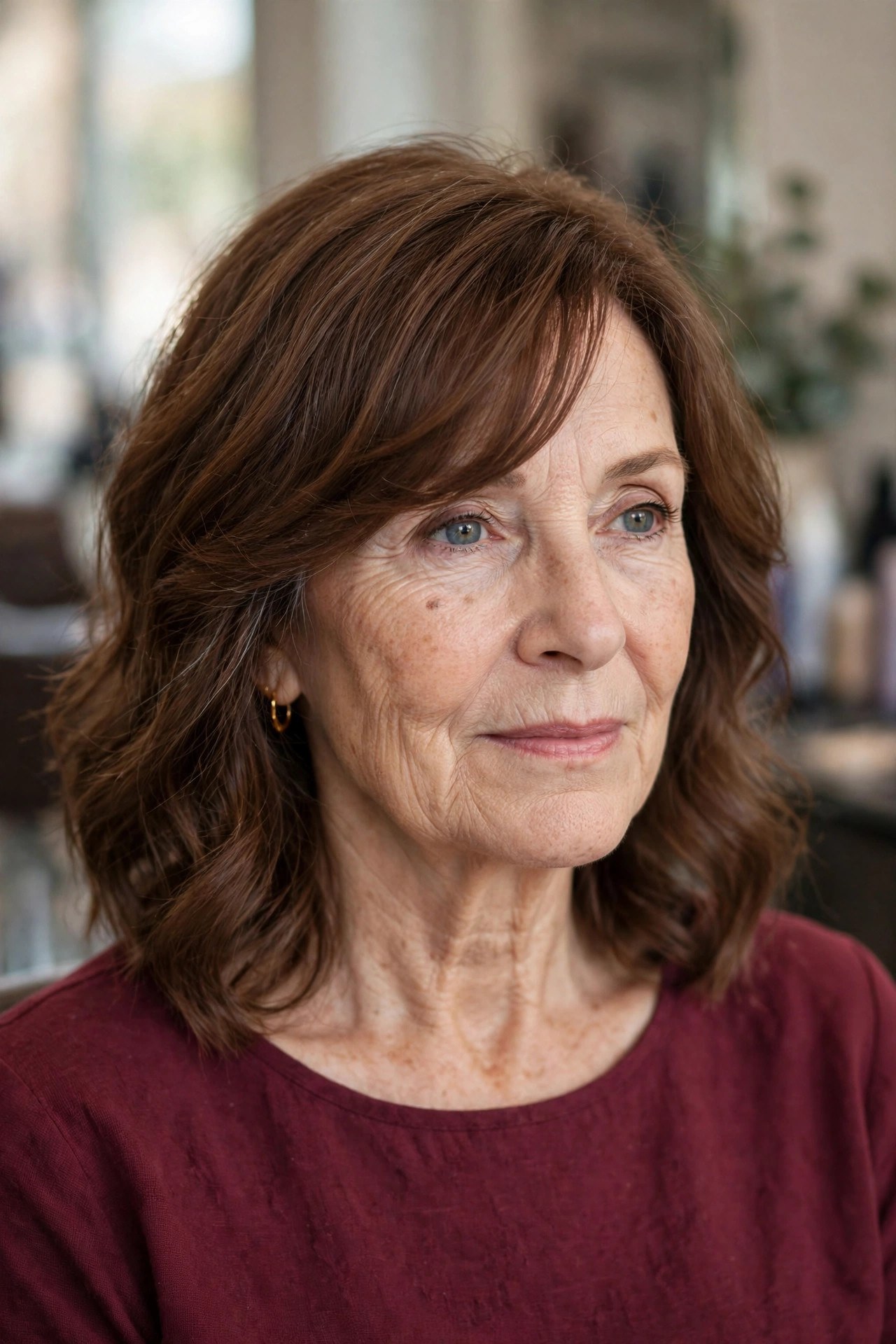 Wavy Midi With Long Side-Swept Bangs - medium wavy haircut on a woman over 50