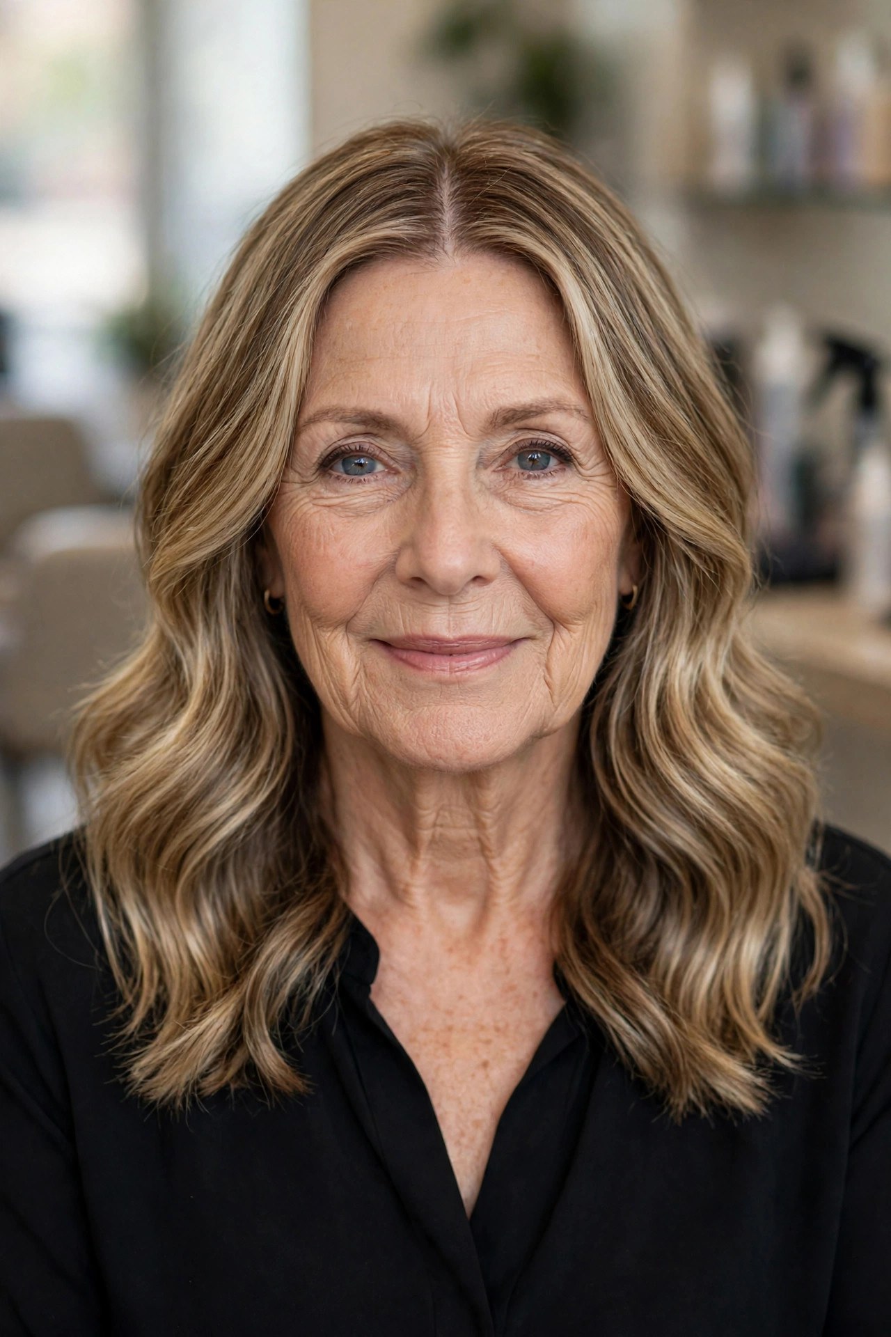Polished Wavy Collarbone Cut With a Center Part - medium wavy haircut on a woman over 50