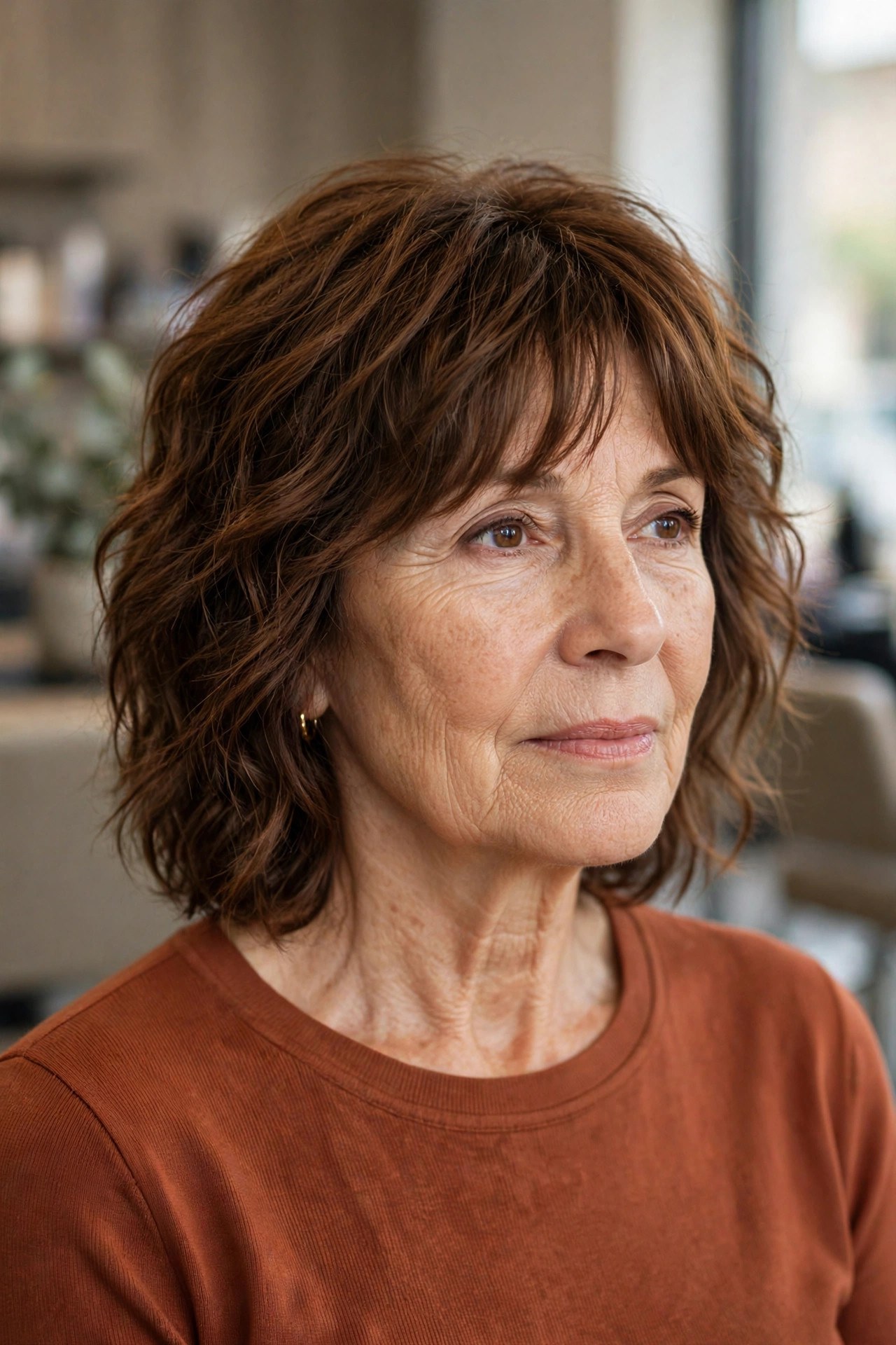 Modern Wavy Shag With Curtain Bangs - medium wavy haircut on a woman over 50