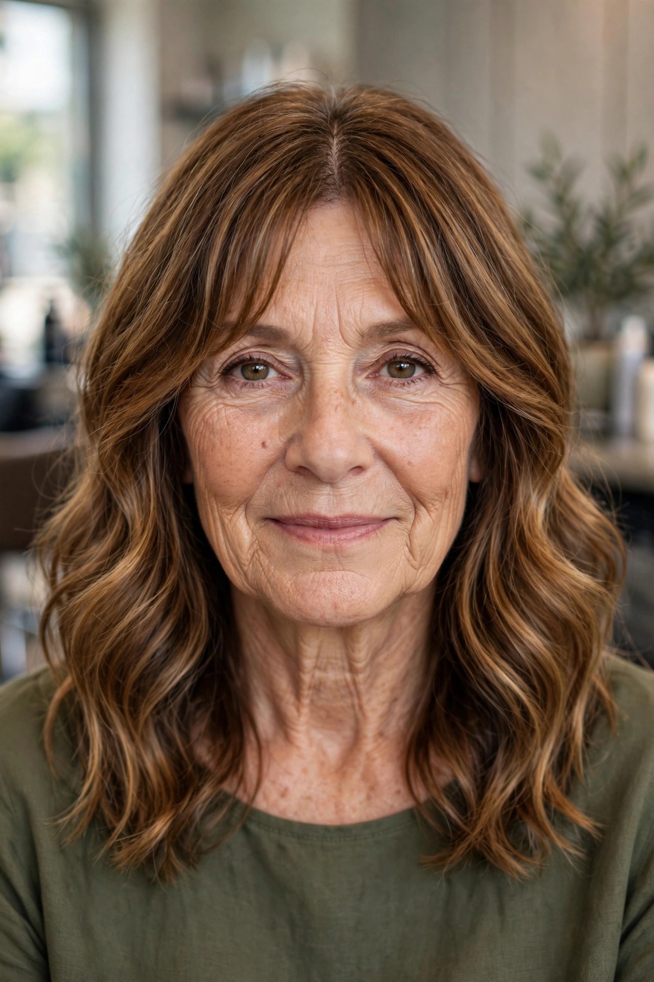 Wavy Midi With Soft Curtain Bangs - medium wavy haircut on a woman over 50
