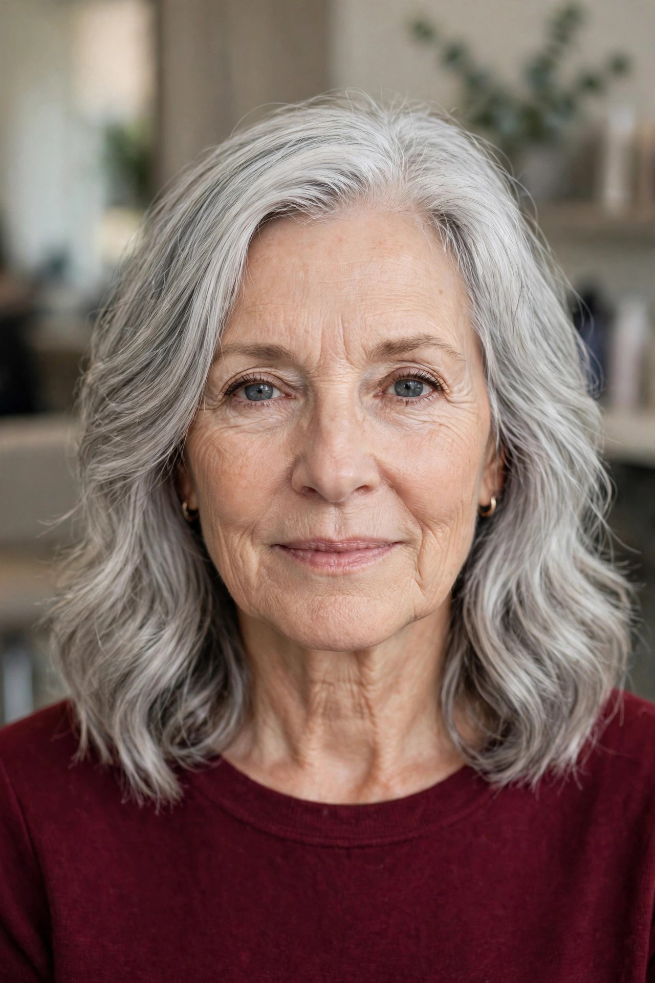 Silver Waves Collarbone Cut - medium wavy haircut on a woman over 50
