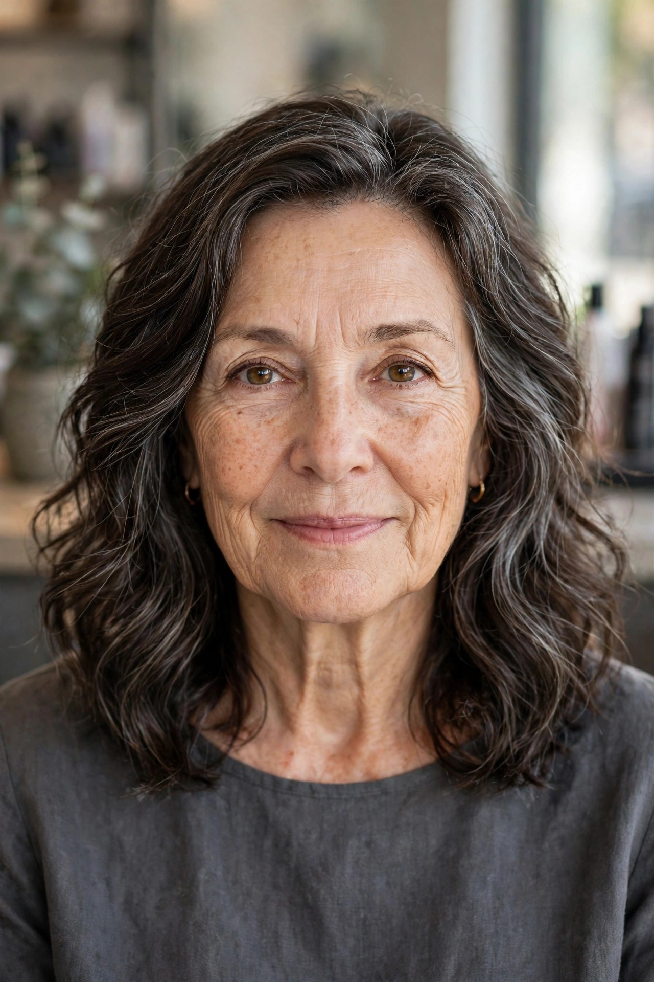 Salt-and-Pepper Wavy Lob - medium wavy haircut on a woman over 50