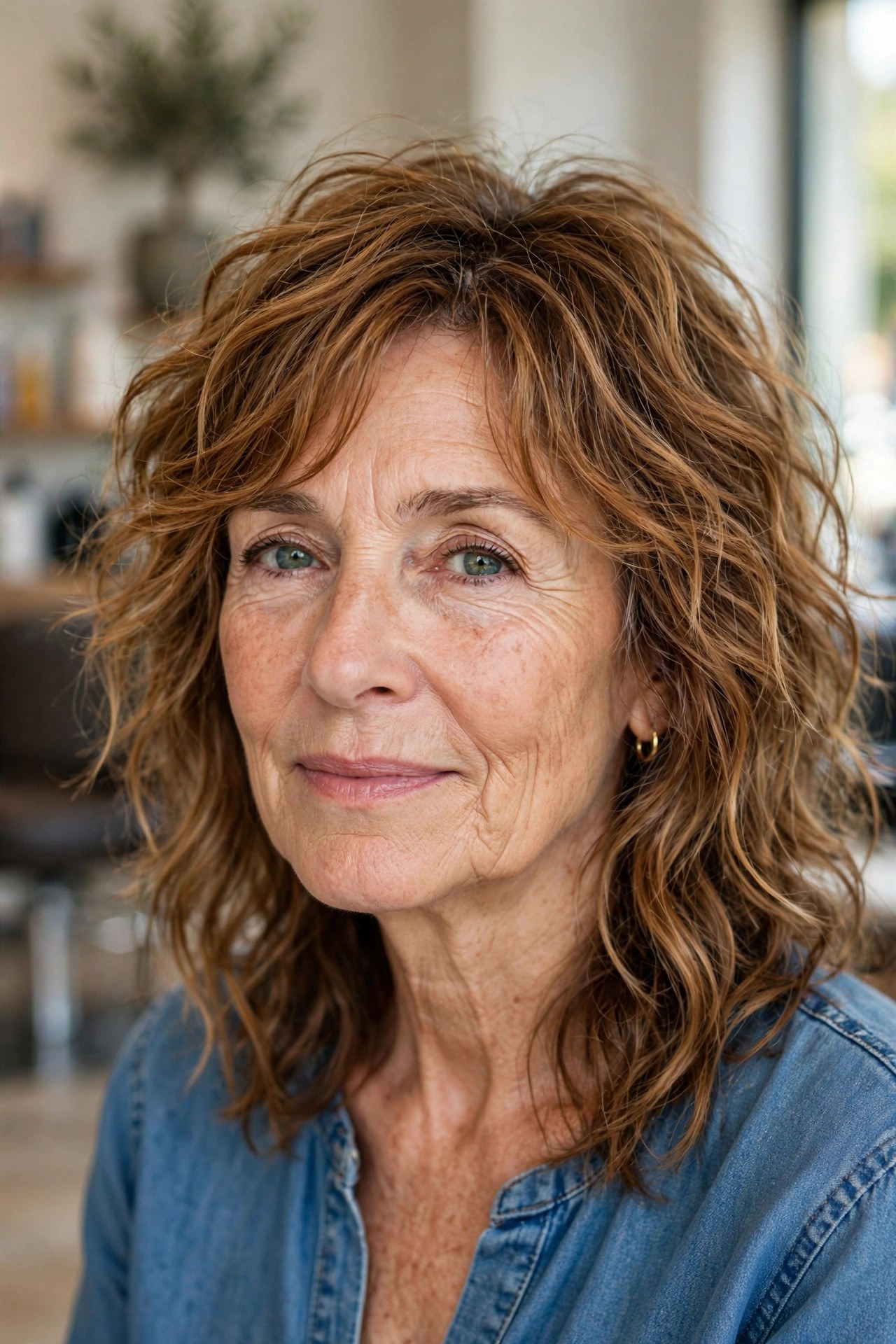 Tousled Wavy Shag Lob - medium wavy haircut on a woman over 50