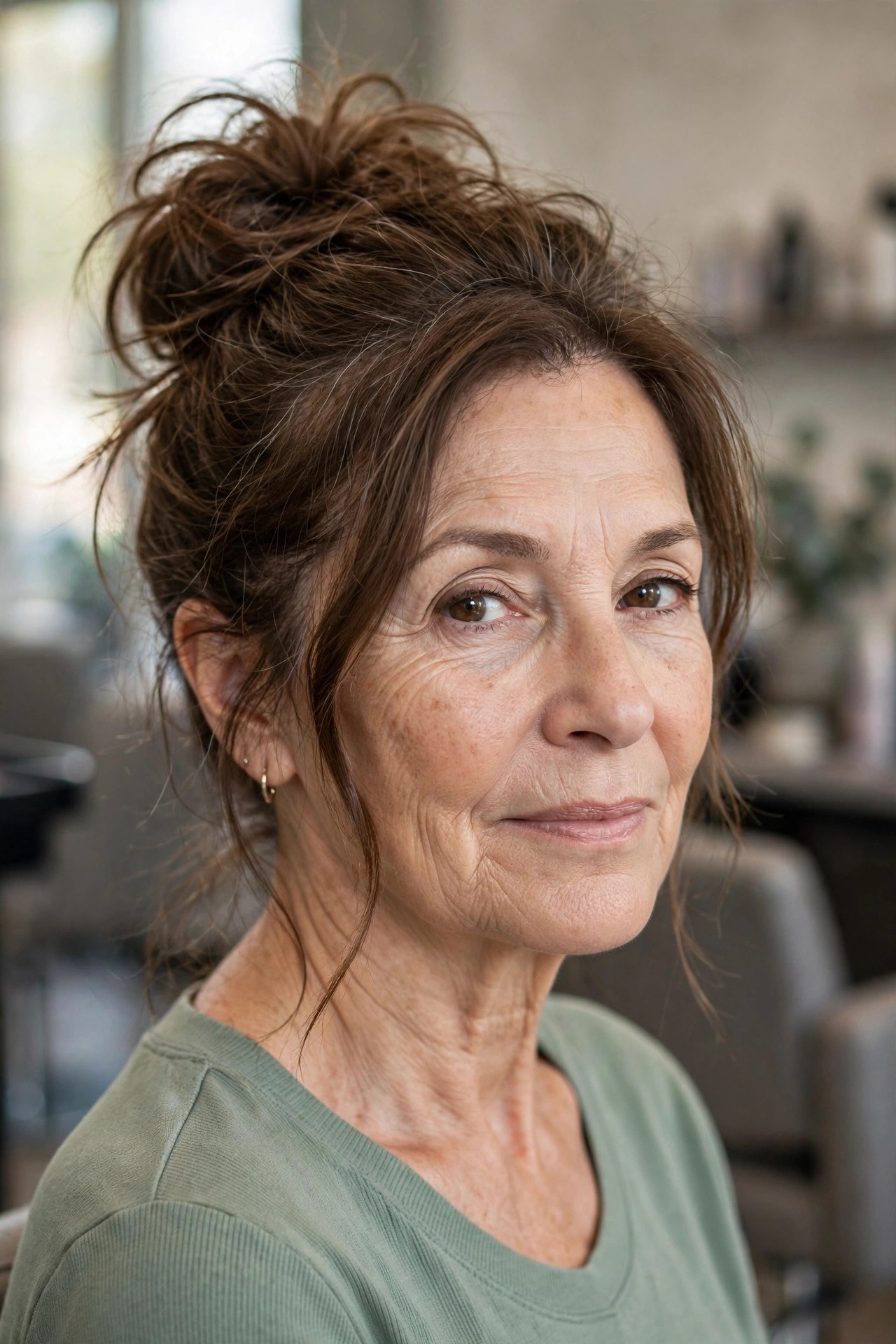 High Messy Bun with a Lifted Crown on a woman over 50