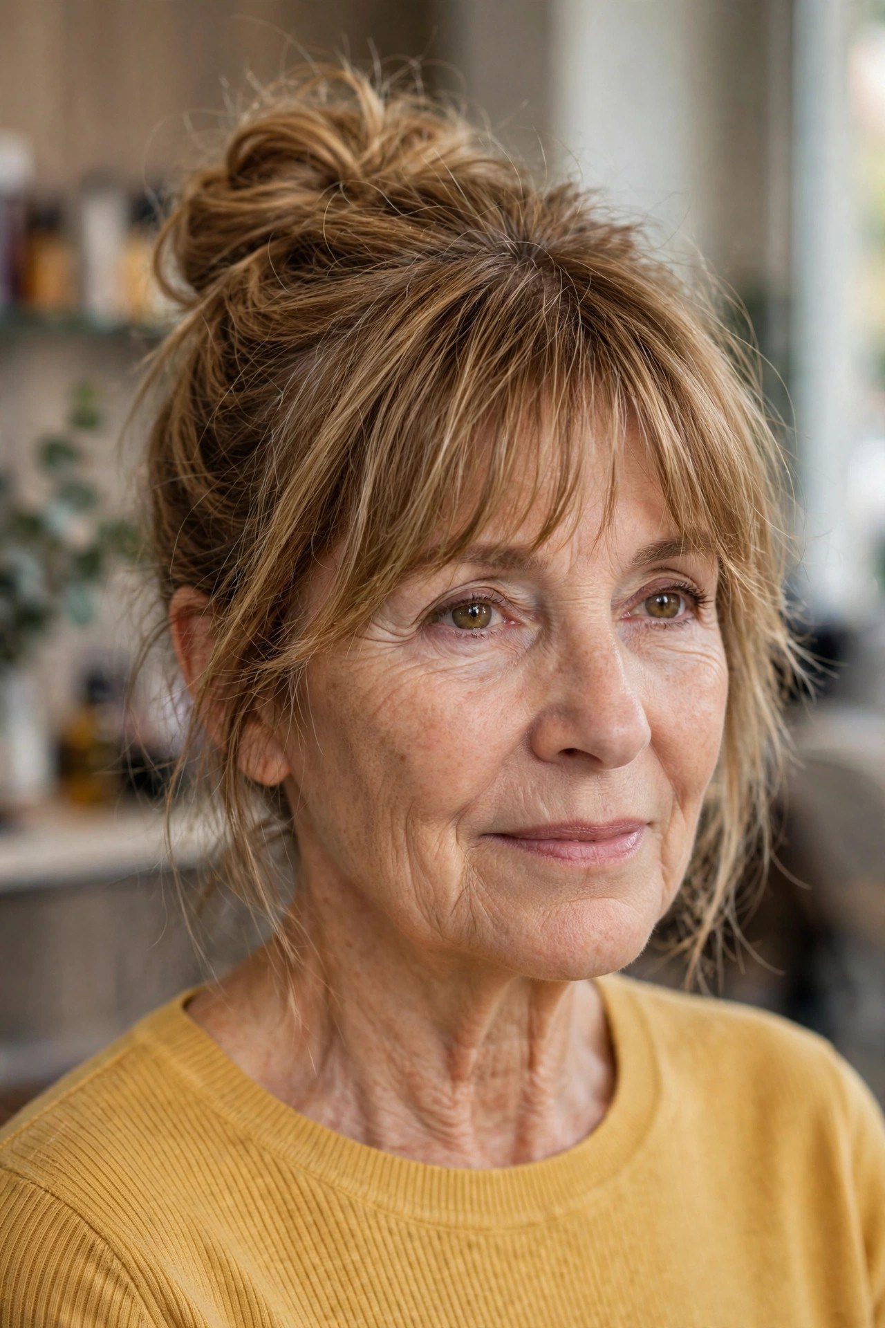 Messy Bun with Soft Bangs on a woman over 50