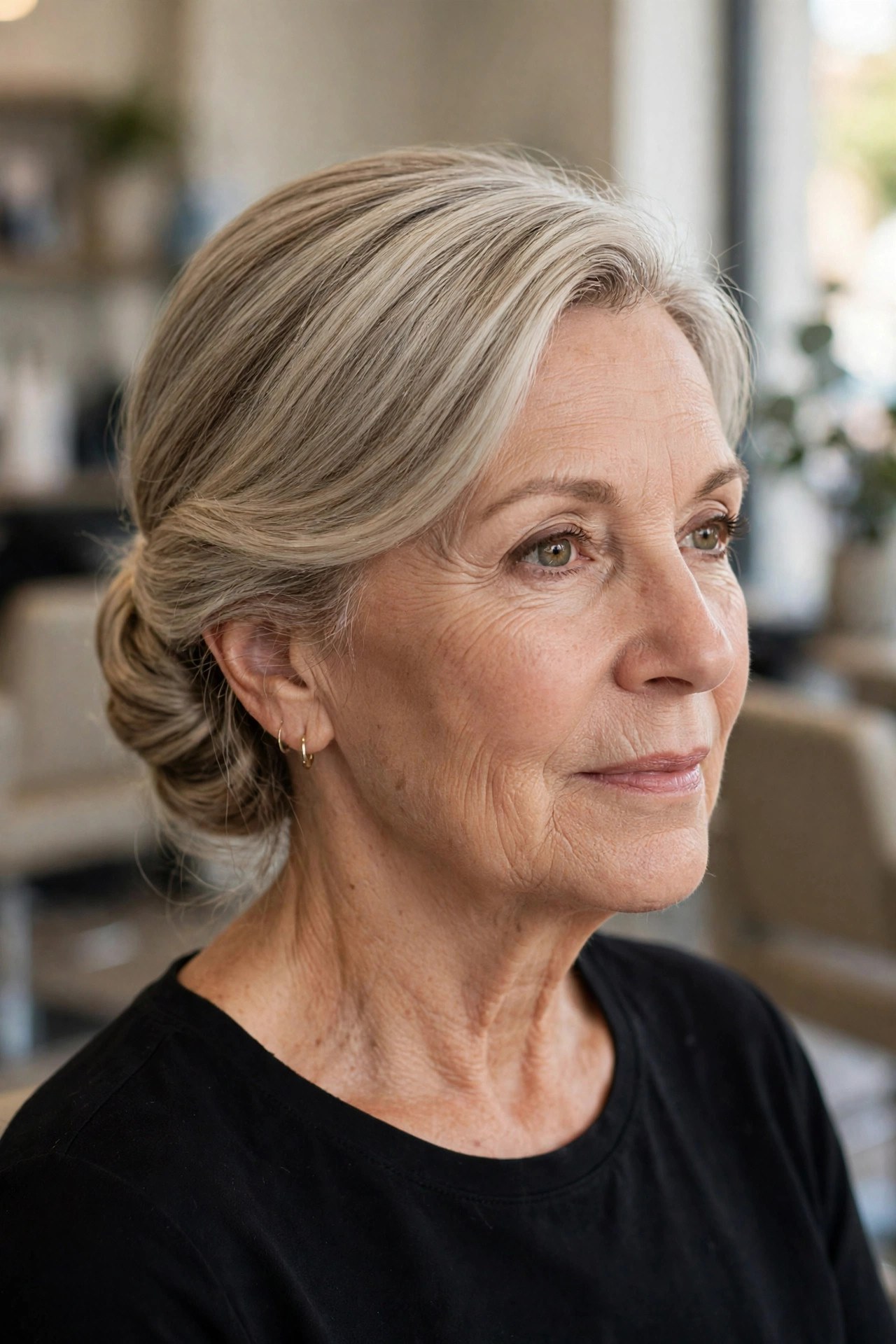 Low Chignon with a Side Sweep on a woman over 50