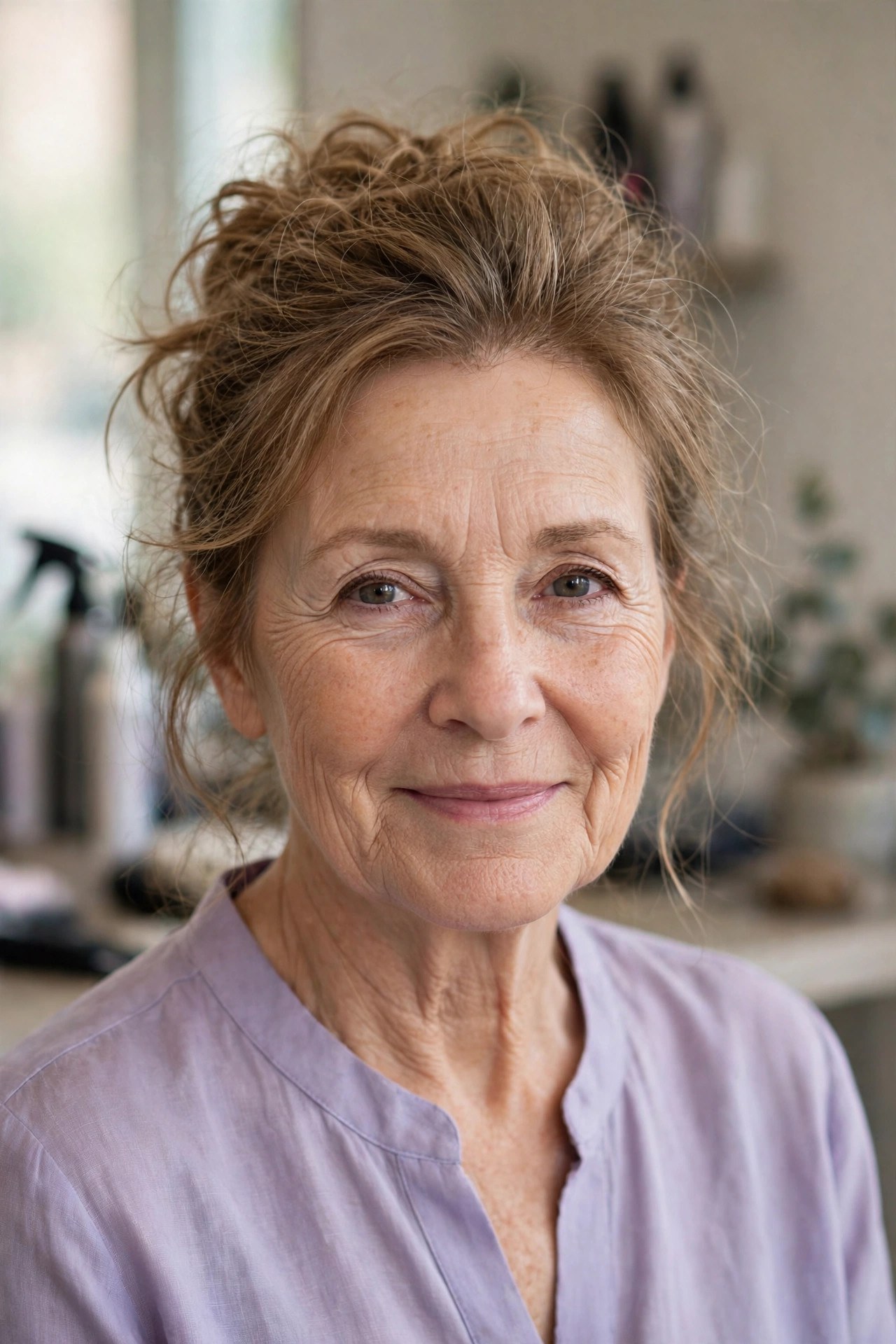 Textured Messy Bun for Fine Hair on a woman over 50