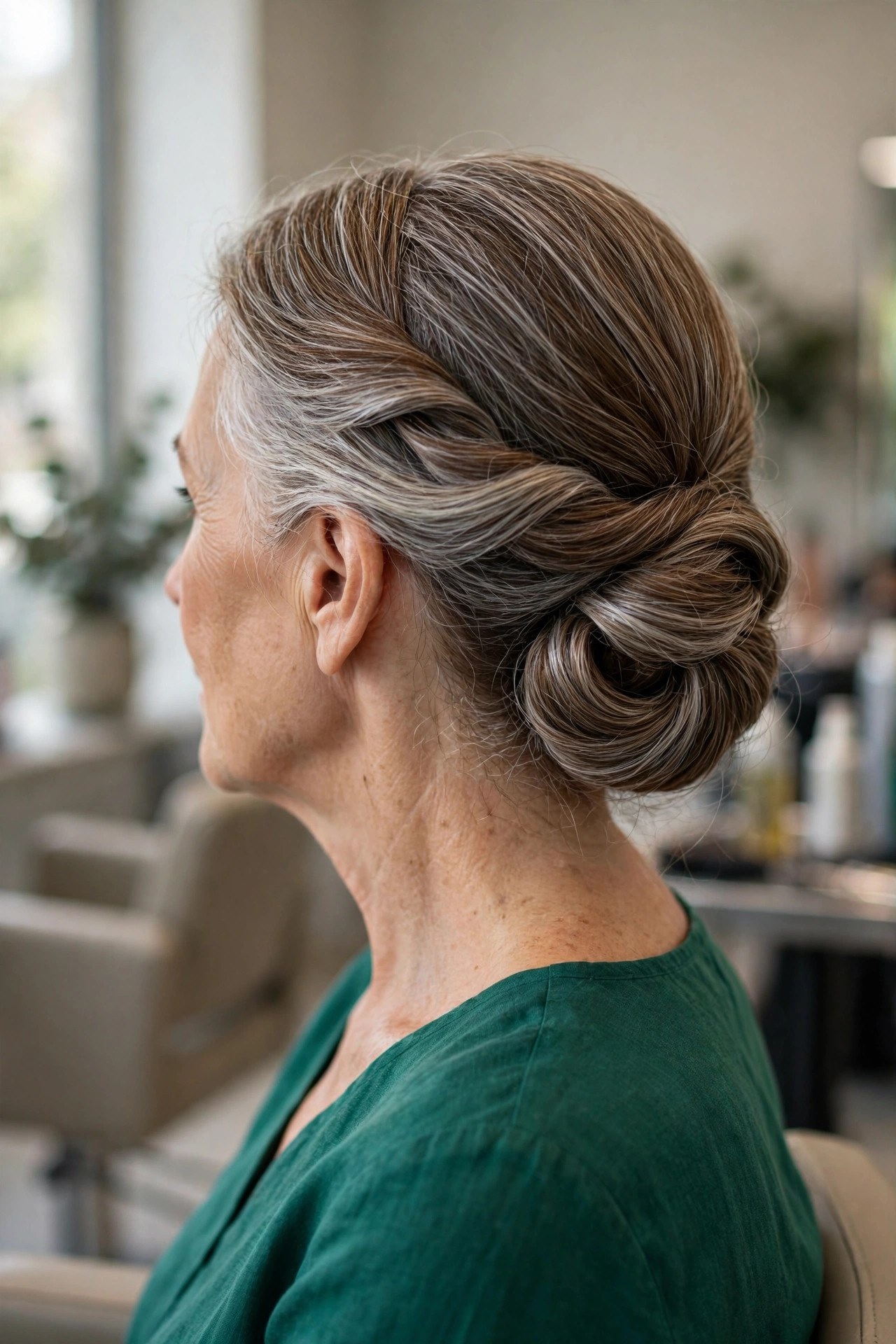 French-Twist Inspired Chignon on a woman over 50
