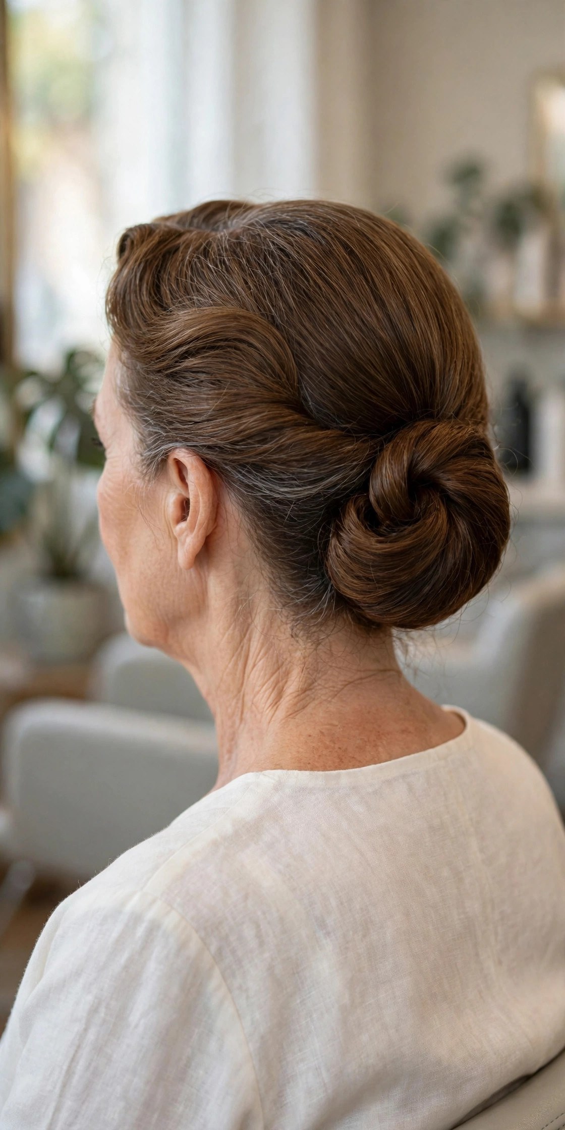 Rolled Low Chignon on a woman over 50