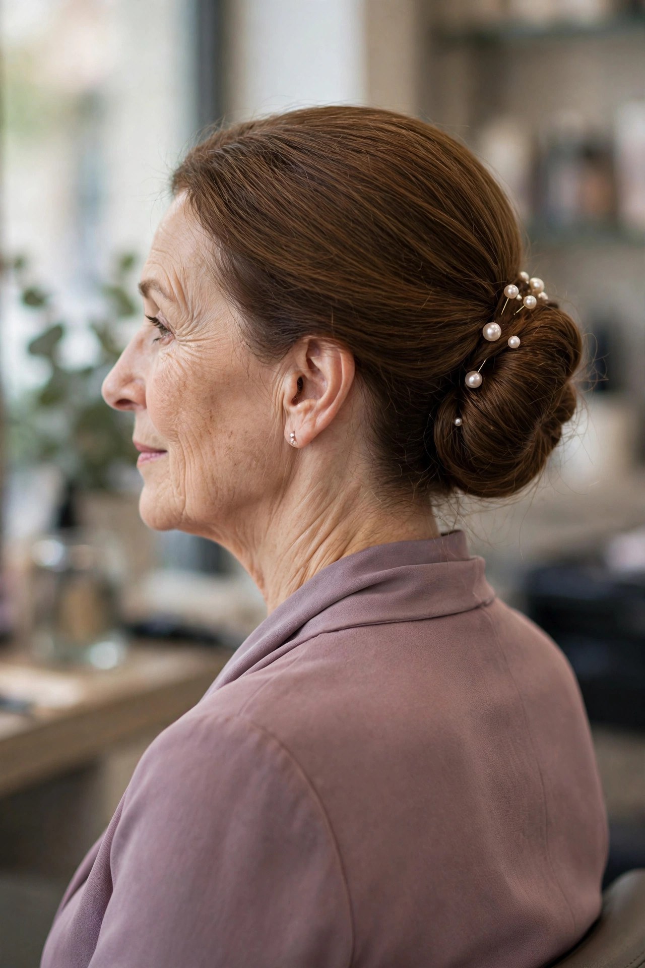 Low Chignon with Pearl Pins on a woman over 50