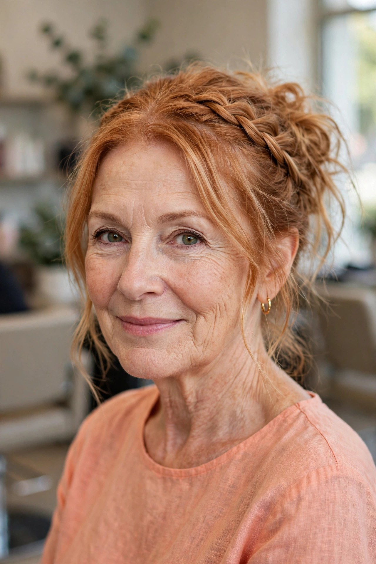 Messy Bun with a Crown Braid on a woman over 50
