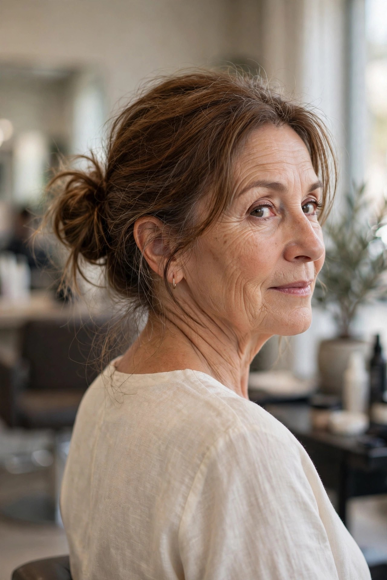 Low Messy Bun at the Nape on a woman over 50