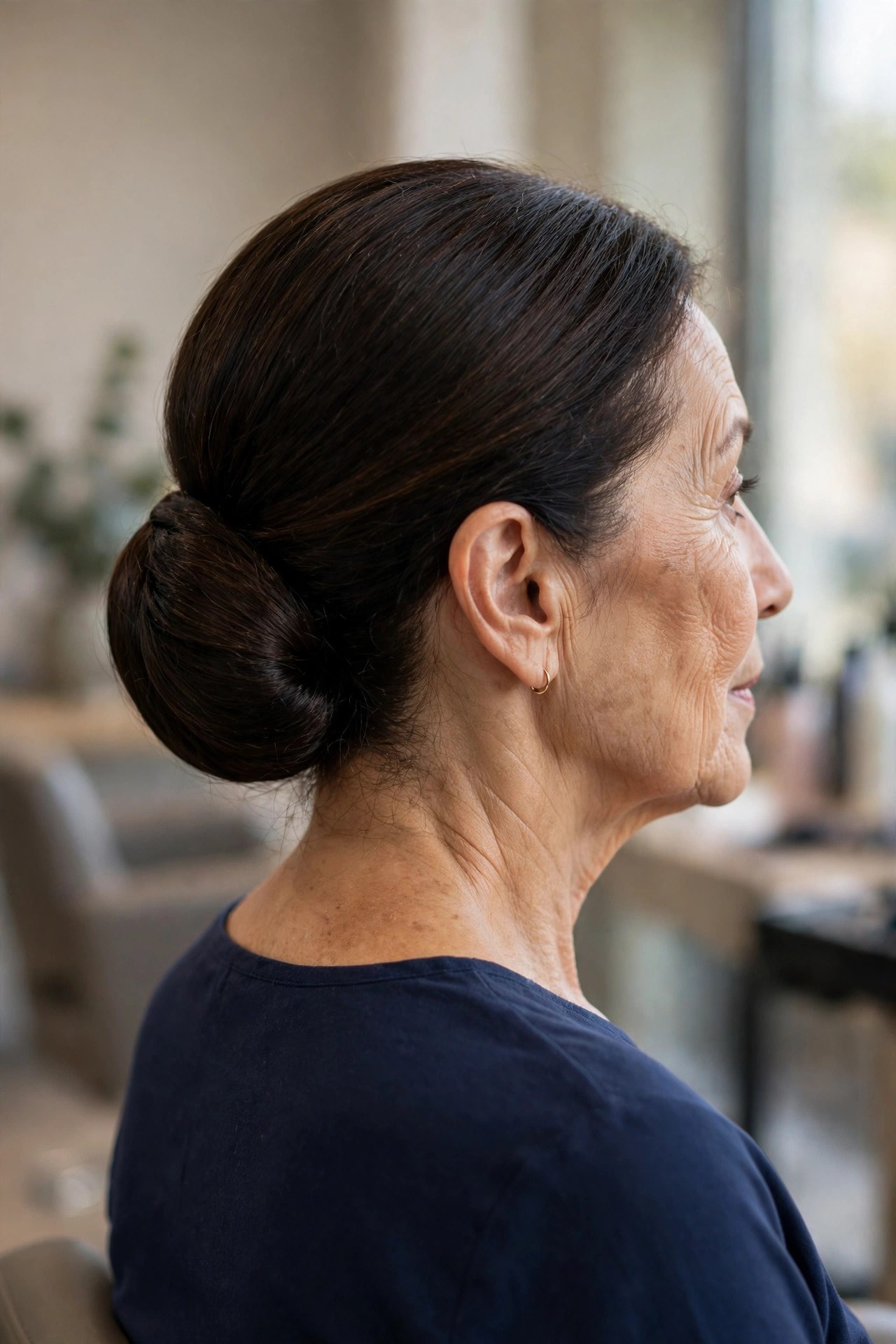 Classic Smooth Low Chignon on a woman over 50