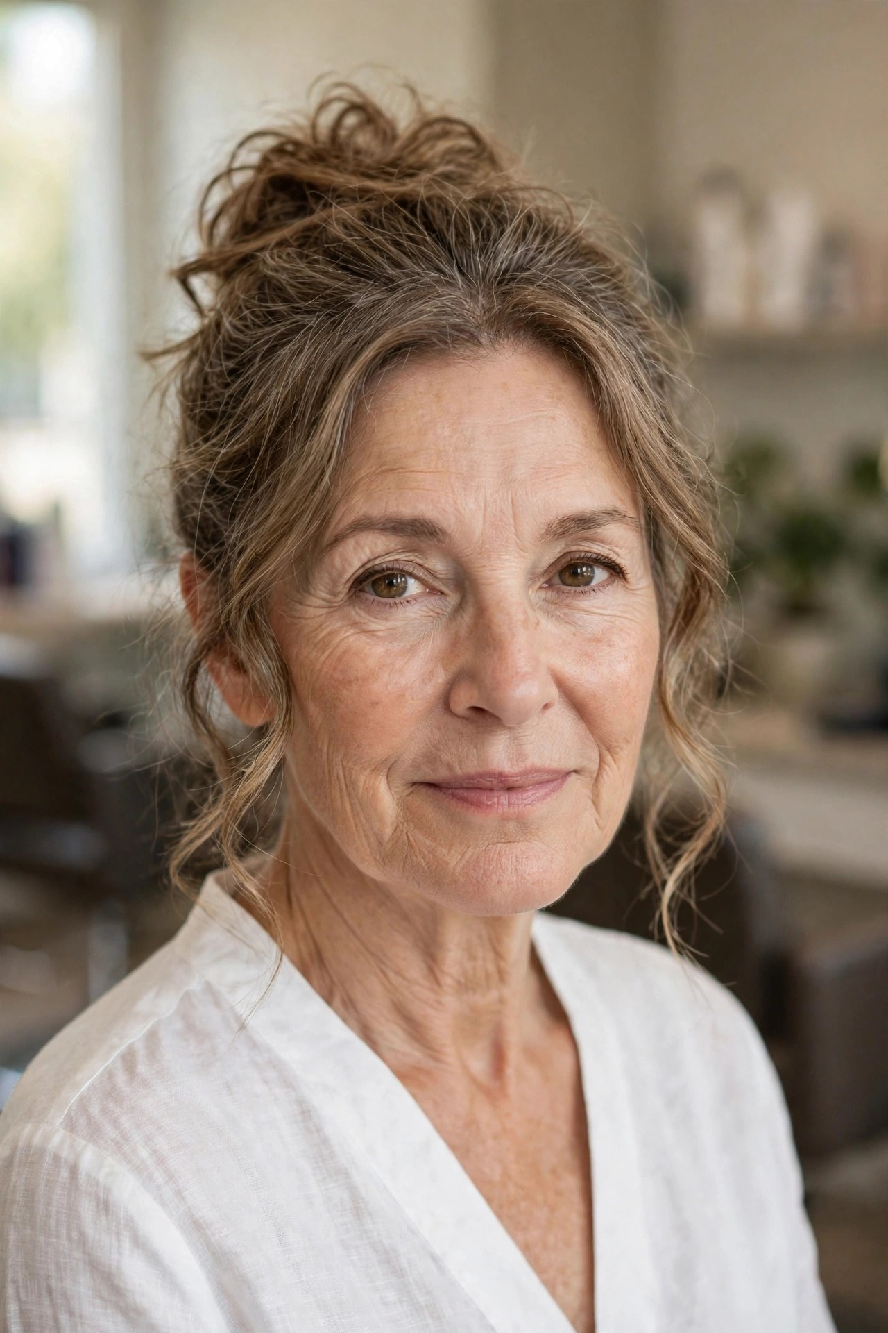 Messy Bun with Face-Framing Tendrils on a woman over 50