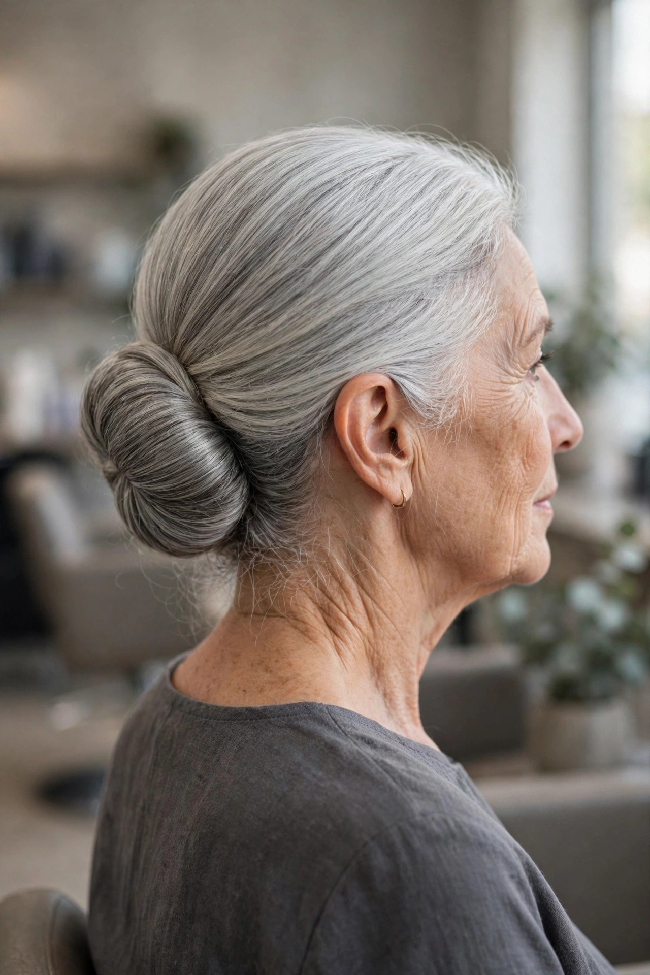 Silver Low Chignon on a woman over 50