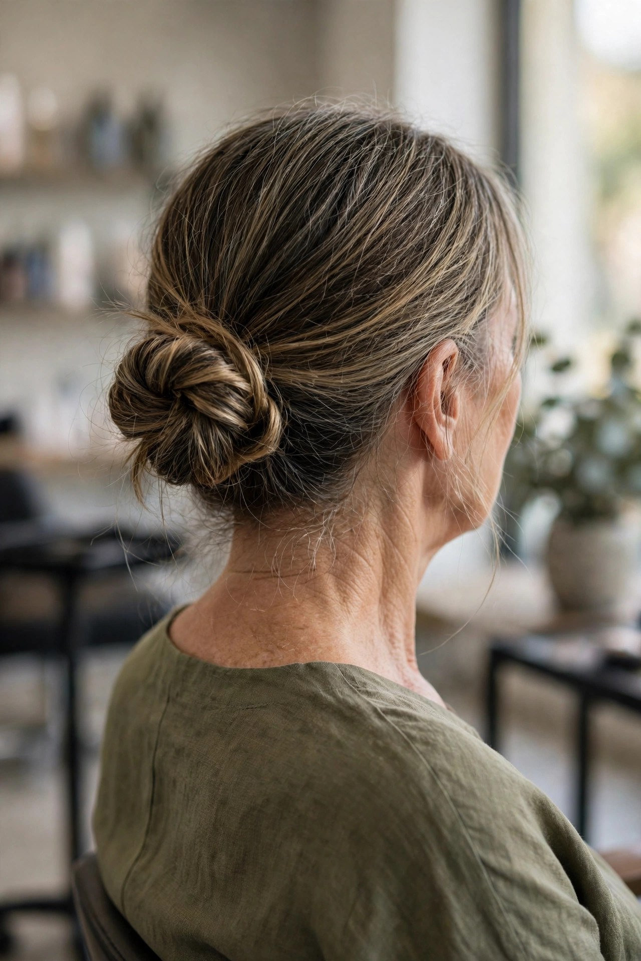 Knotted Low Bun on a woman over 50