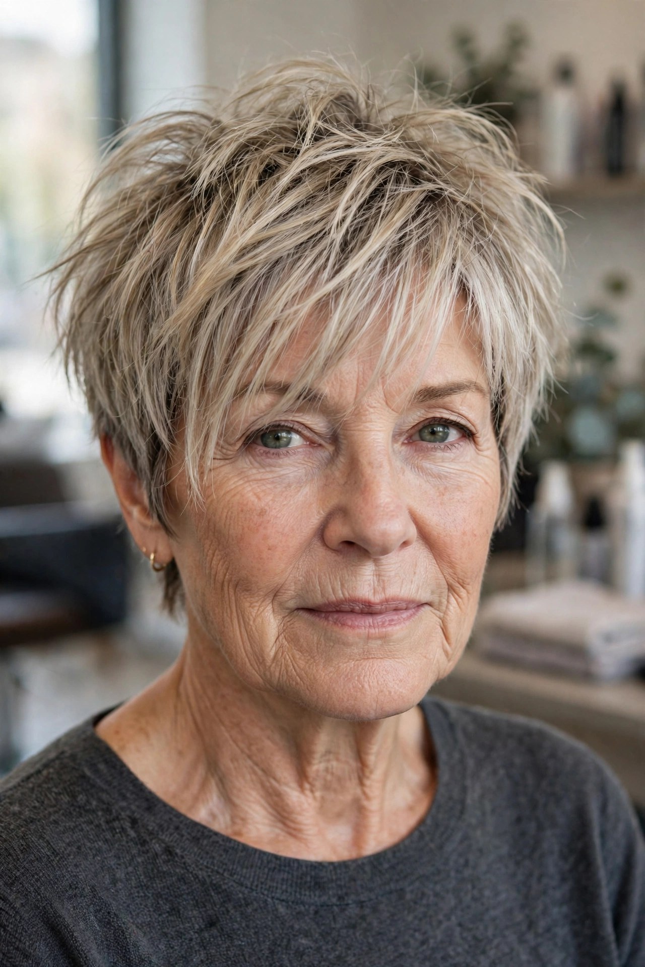 Tousled Pixie with a Long Messy Top - messy pixie cut for women over 50