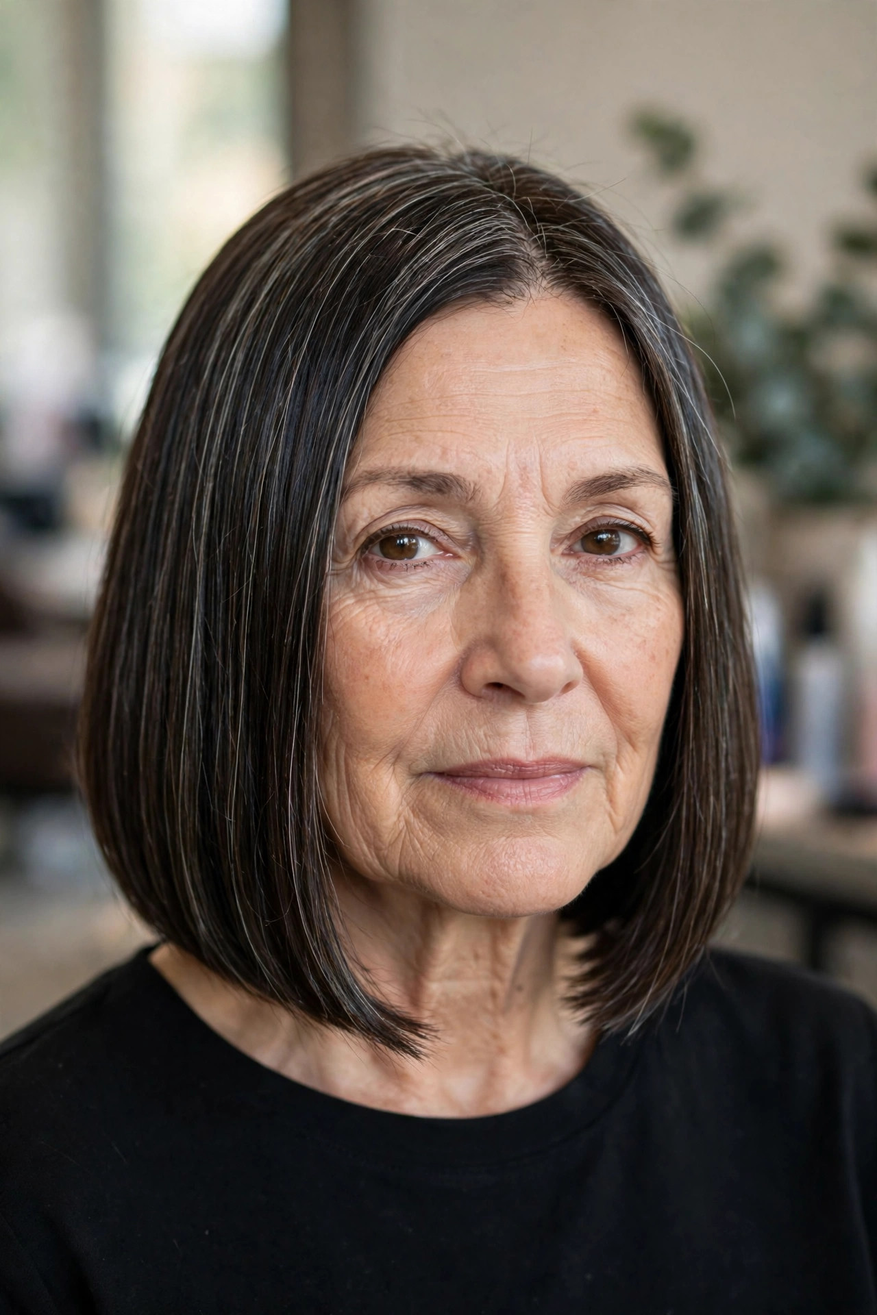 Sleek blunt bob with glass finish on a woman over 50
