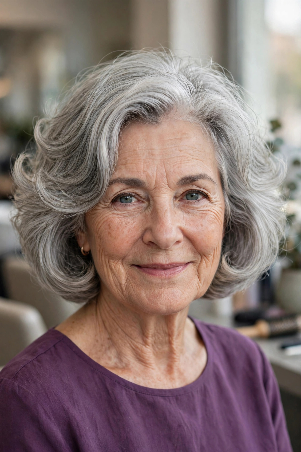 Silver bob with bouncy blowout movement on a woman over 50