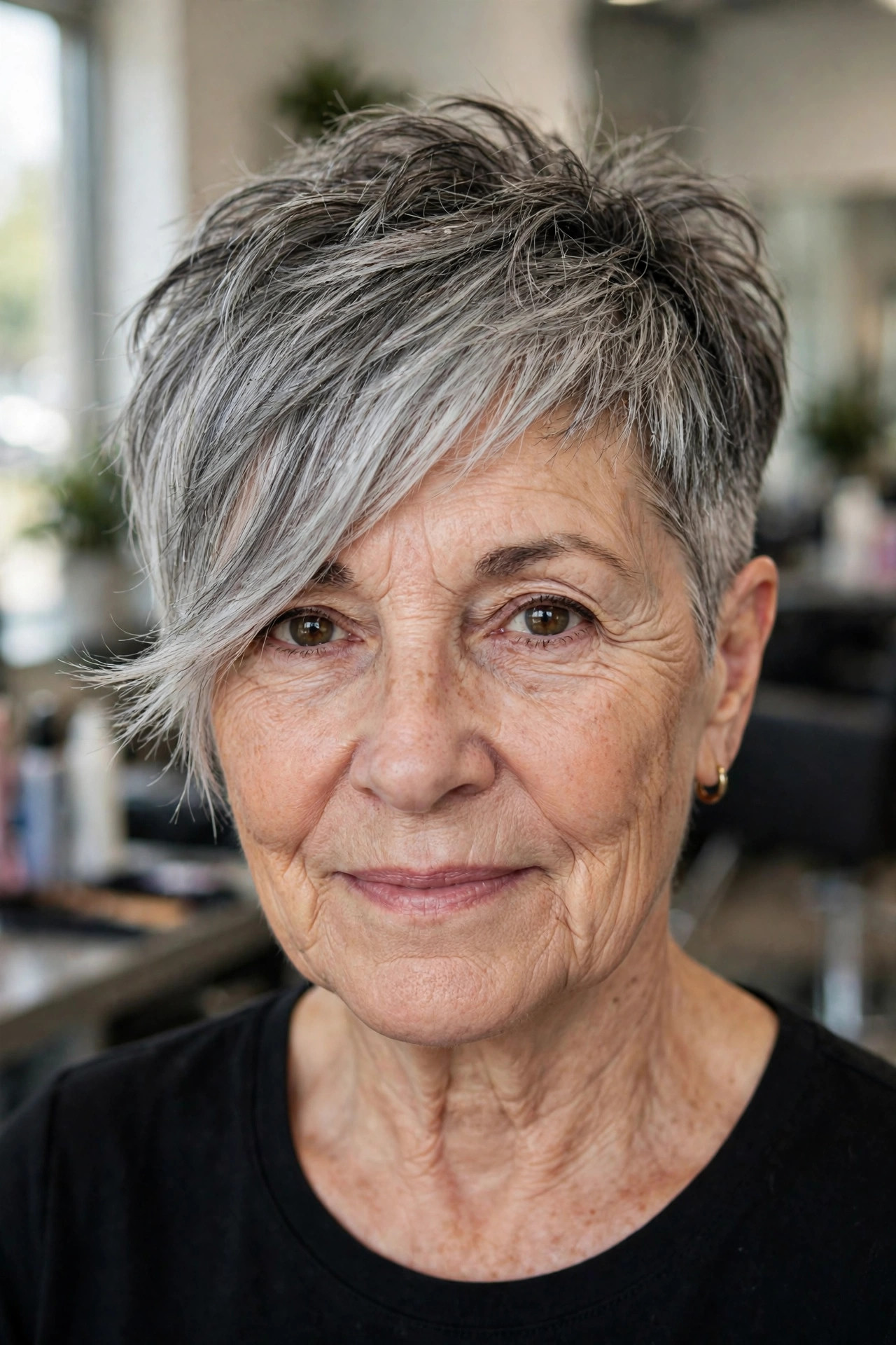 Asymmetric textured crop in silver gray on a woman over 50