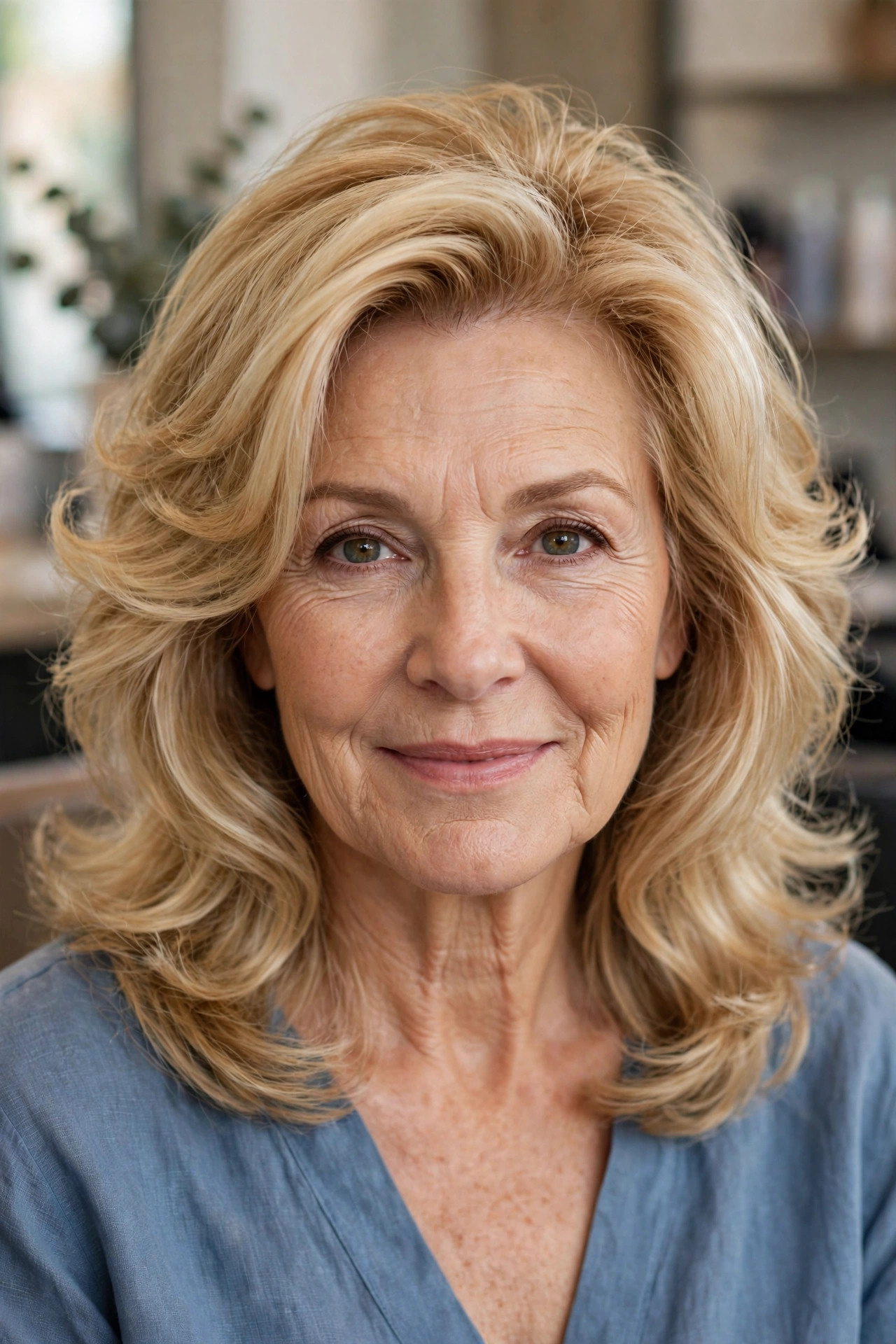Airy blowout layers in golden blonde on a woman over 50