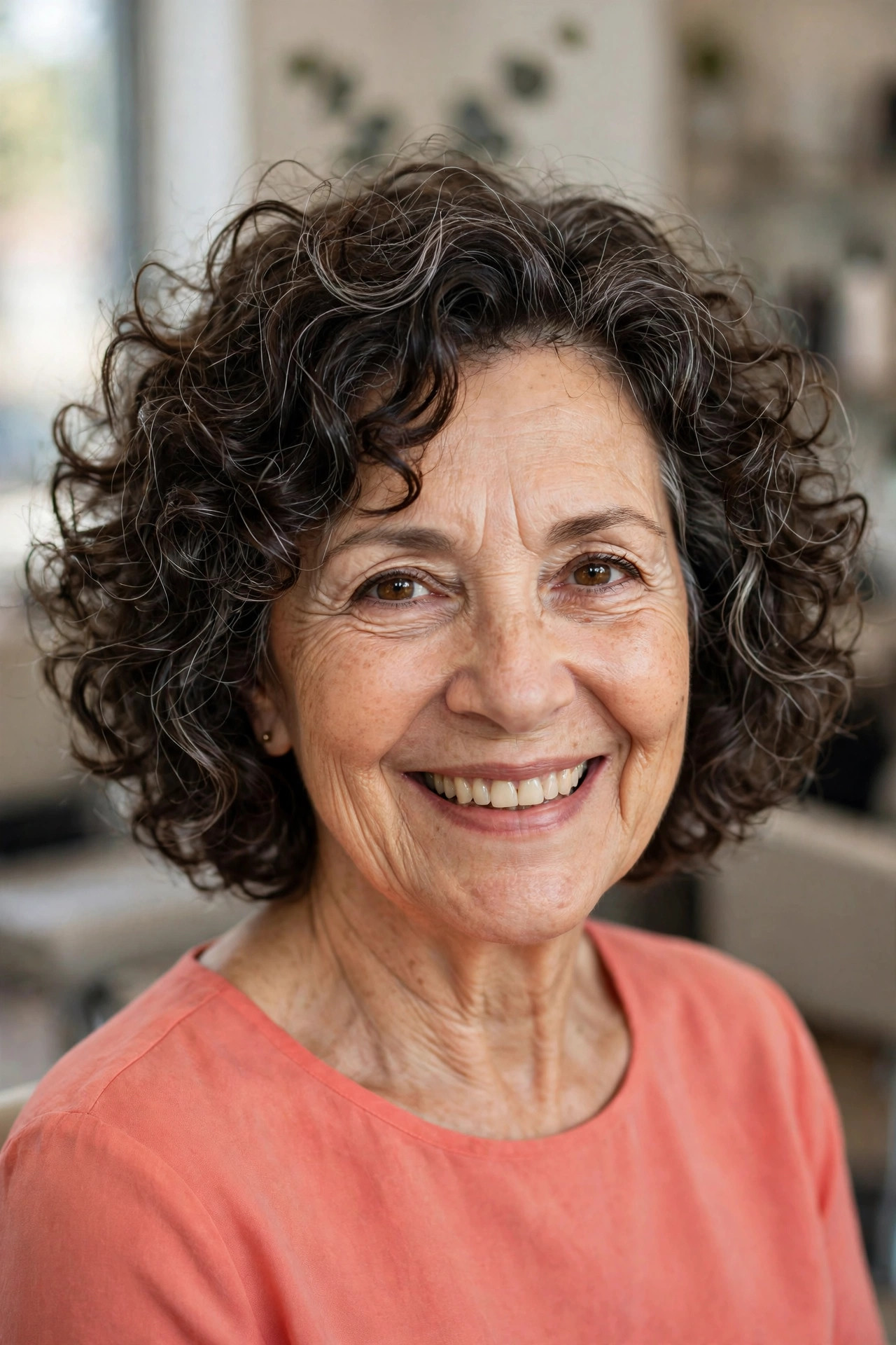 Natural curly bob with sculpted shape on a woman over 50