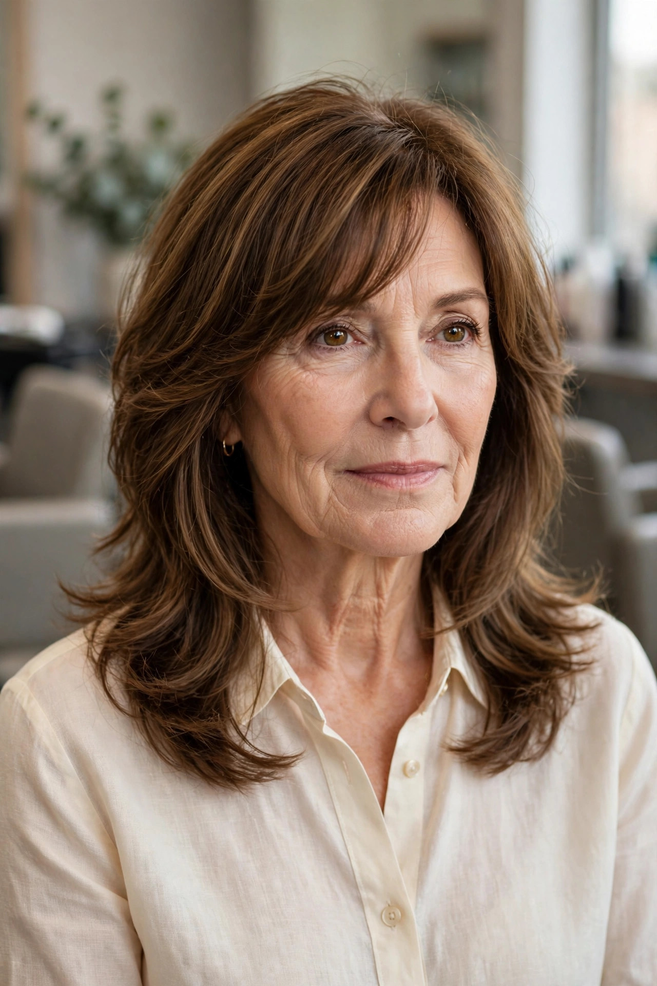 Side-swept bangs with shoulder layers on a woman over 50
