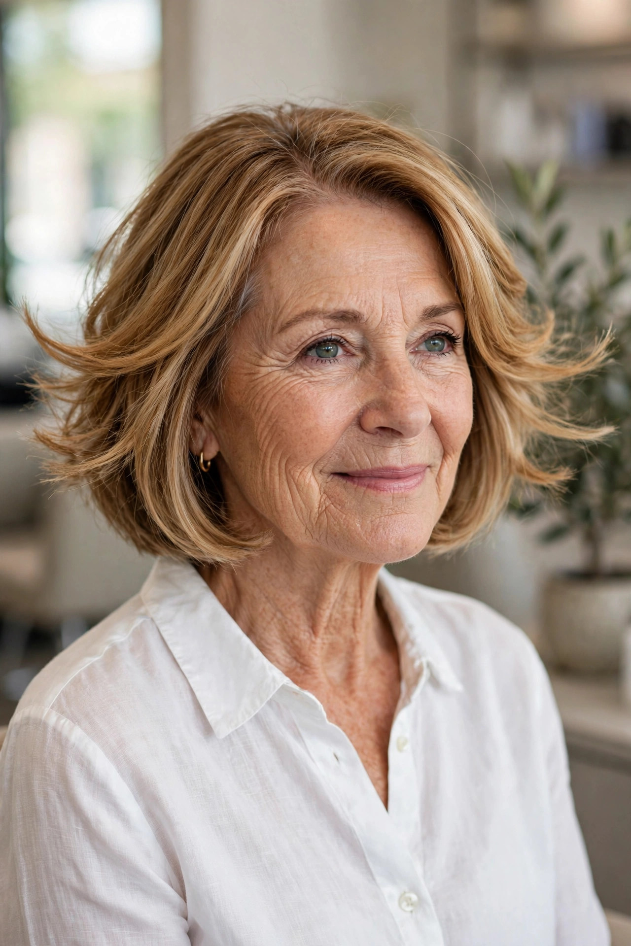 Chin-length bob with flippy ends on a woman over 50