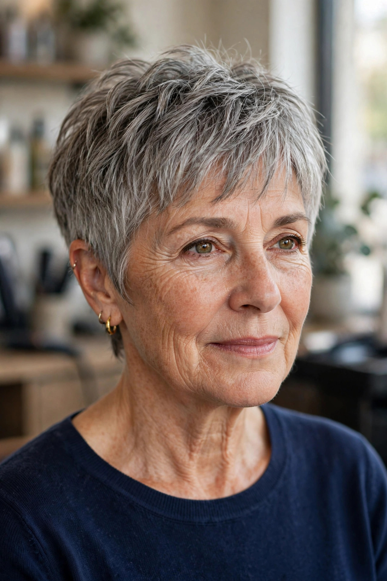 Textured silver pixie with soft fringe on a woman over 50