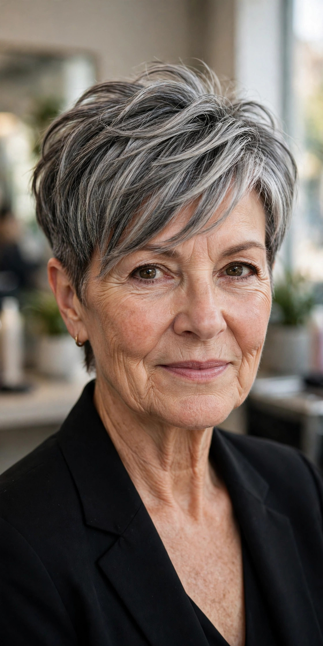 Pixie with undercut and long sweeping top on a woman over 50