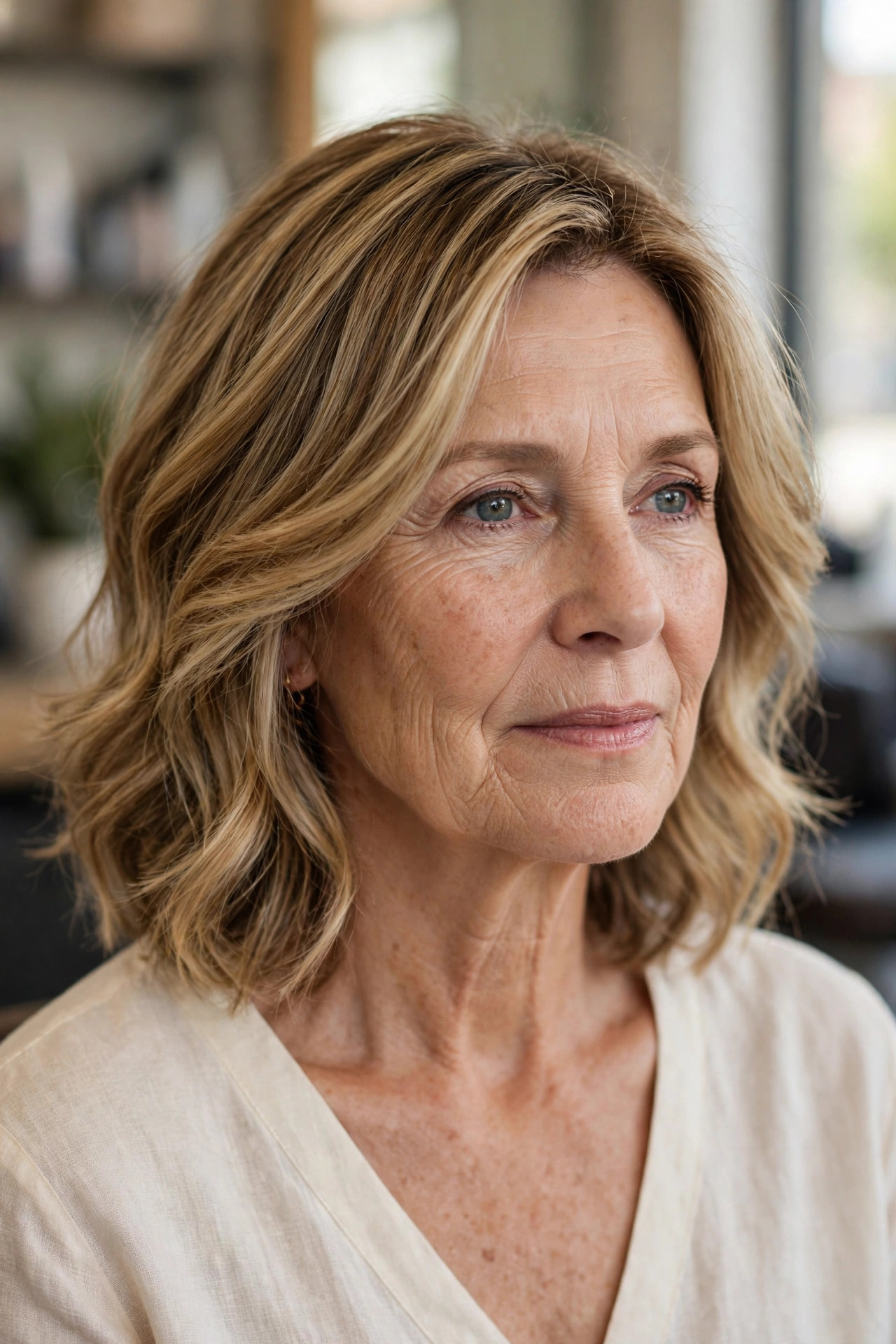 Layered lob with face-framing layers on a woman over 50