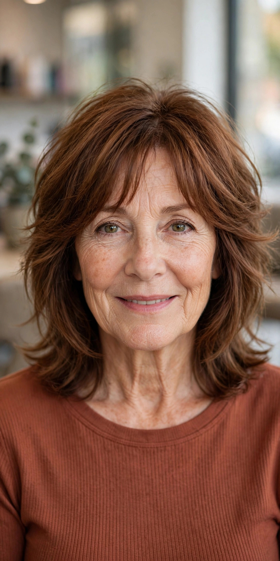 Soft modern shag with curtain bangs on a woman over 50