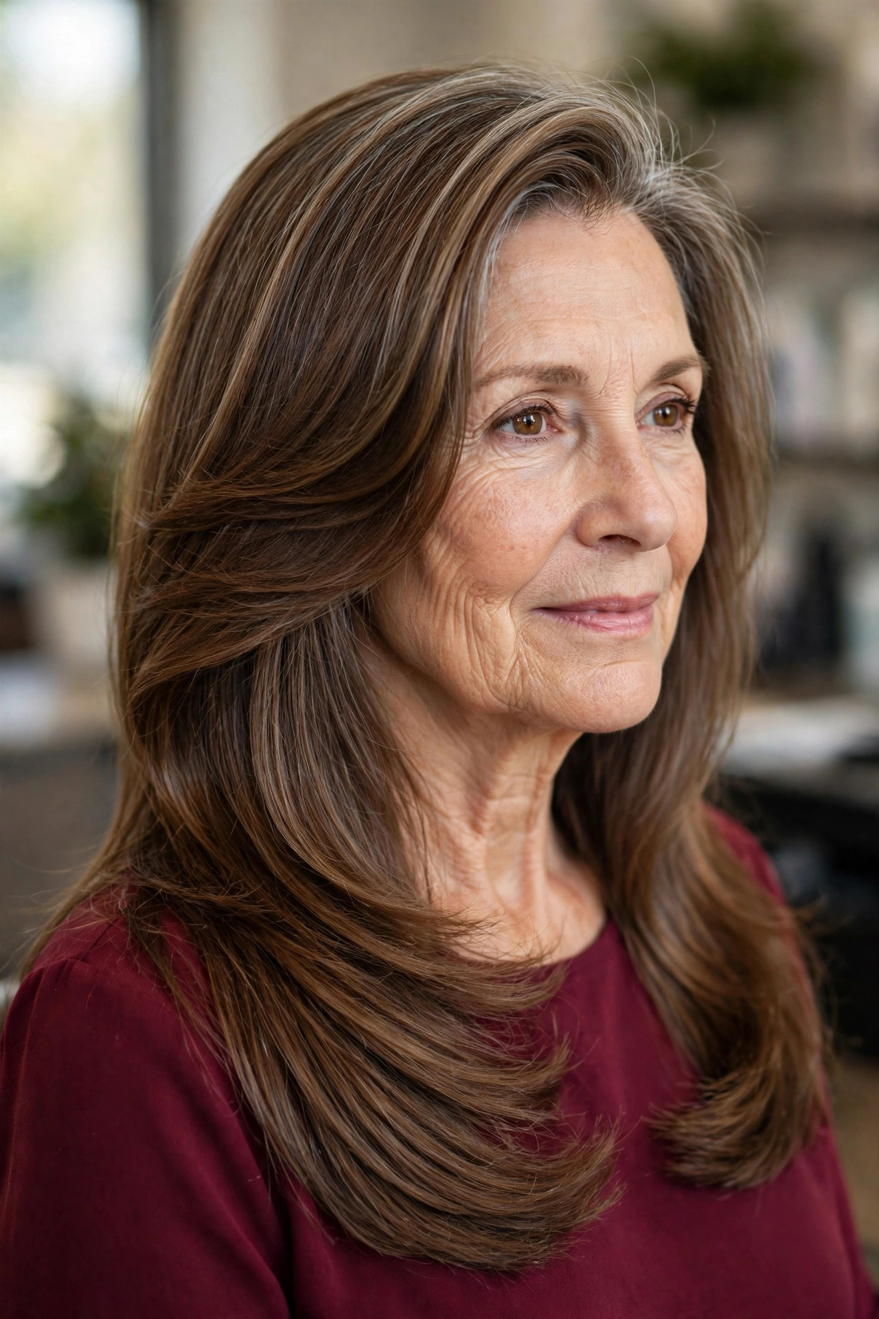 Polished long layers with side sweep on a woman over 50