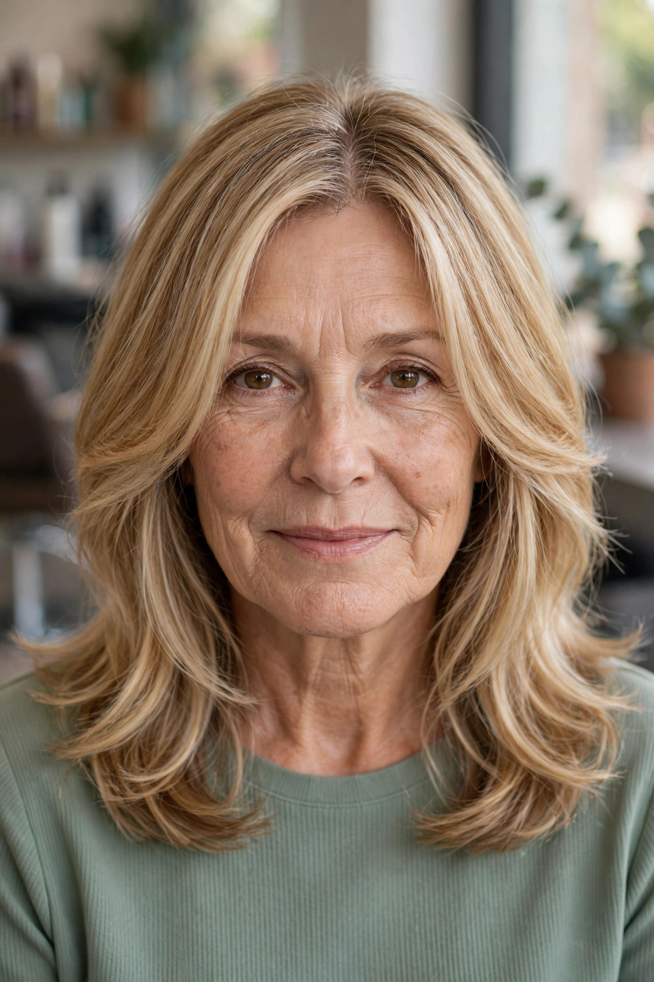 Midi cut with contemporary curtain fringe on a woman over 50