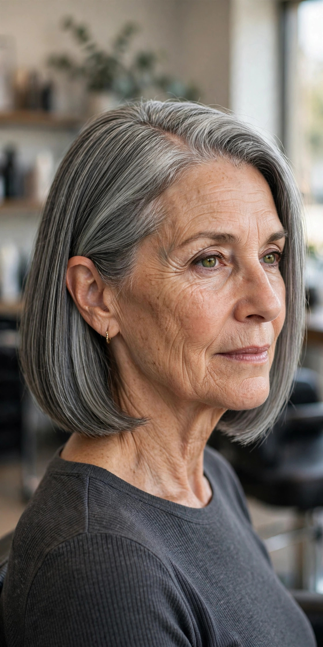 One-length bob with deep side part in salt and pepper hair on a woman over 50