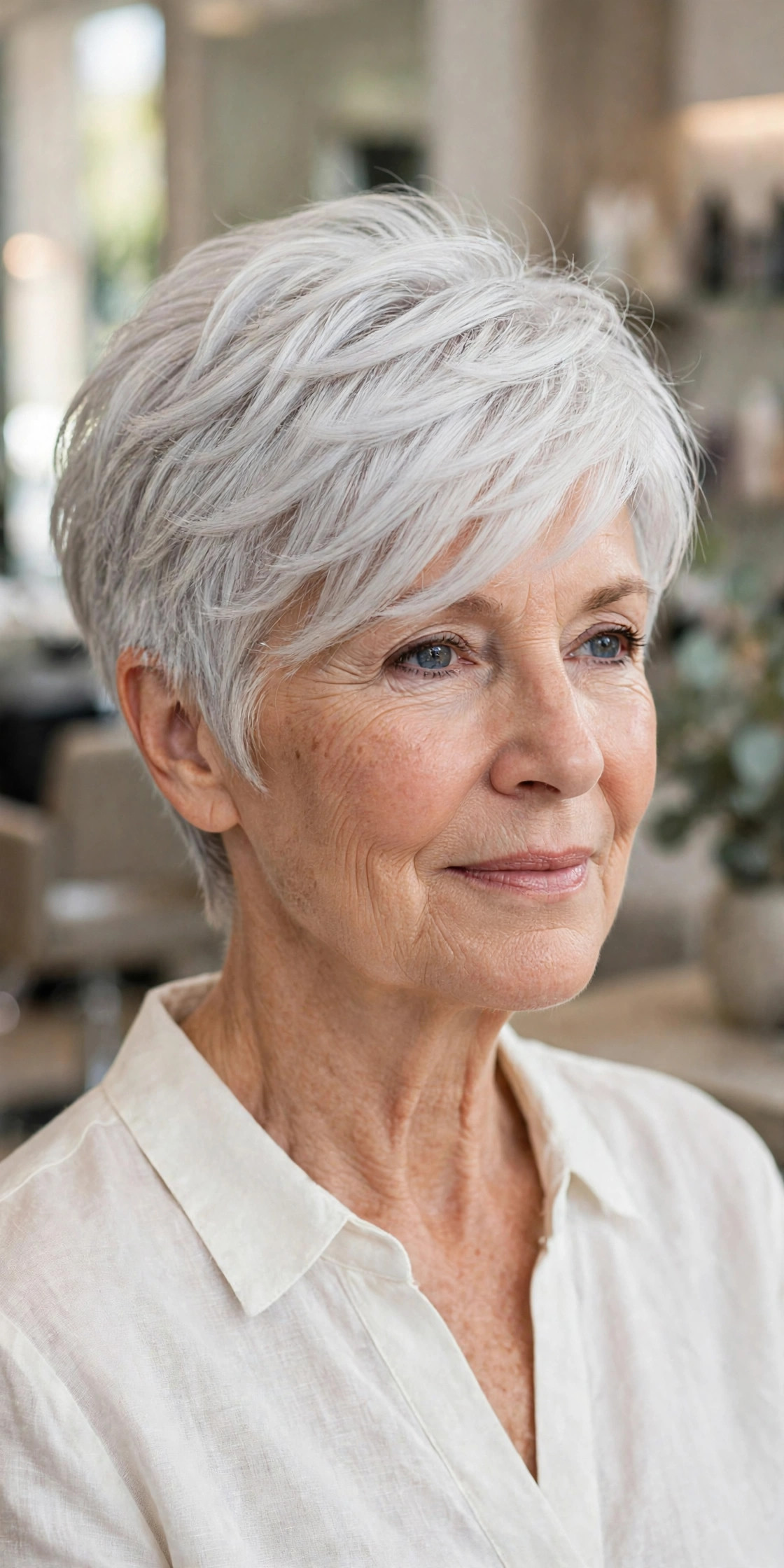 Feathered pixie bob in platinum silver on a woman over 50