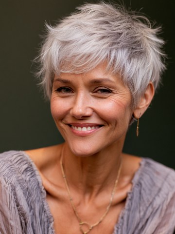 Woman over 70 with a lilac-tinted textured pixie — modern haircut for women over 70