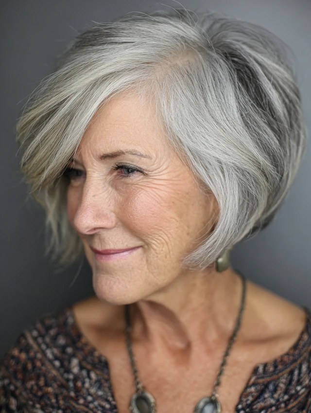 Woman over 70 with a asymmetric silver bob with a clean line — modern haircut for women over 70