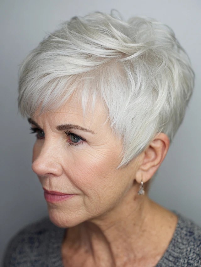 Woman over 70 with a crisp white pixie with a longer top — modern haircut for women over 70