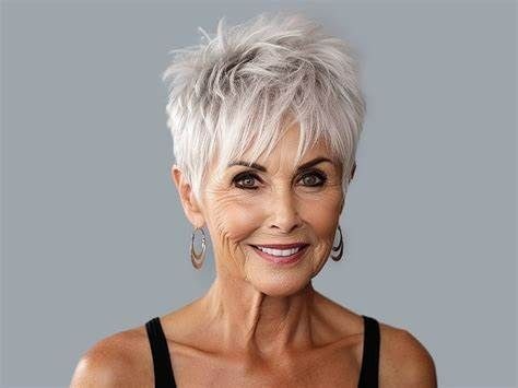 Woman over 70 with a spiky pixie with lift at the crown — modern haircut for women over 70