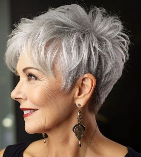 Woman over 70 with a voluminous pixie with a tapered nape — modern haircut for women over 70