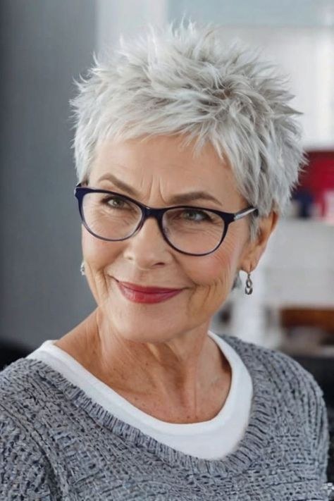 Woman over 70 with a spiky pixie paired with dark frames — modern haircut for women over 70