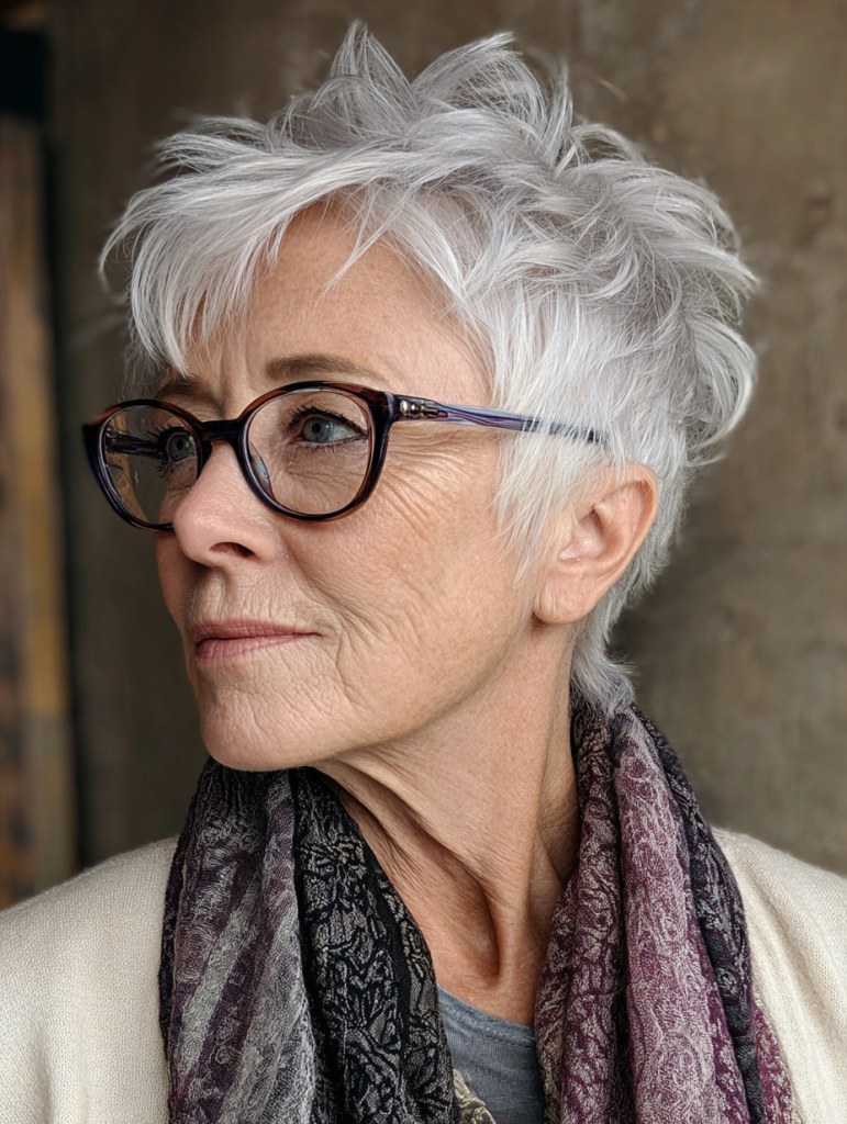 Woman over 70 with a tousled white pixie with statement glasses — modern haircut for women over 70