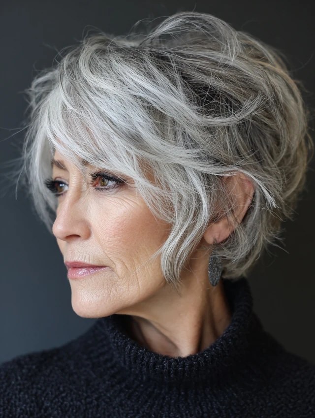 Woman over 70 with a voluminous layered pixie in profile — modern haircut for women over 70