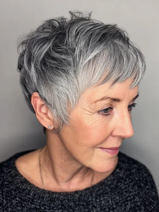 Woman over 70 with a salt-and-pepper pixie with a modern edge — modern haircut for women over 70