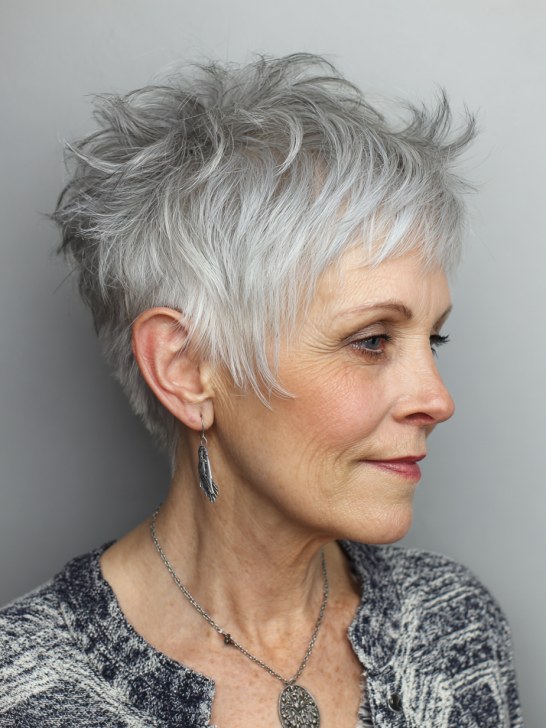 Woman over 70 with a feathered spiky pixie in profile — modern haircut for women over 70