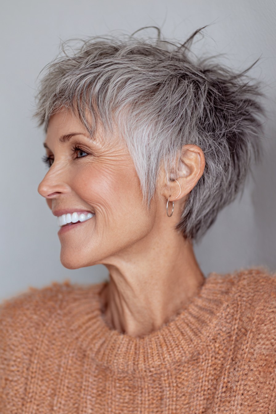 Woman over 70 with a piecey pixie with a joyful finish — modern haircut for women over 70