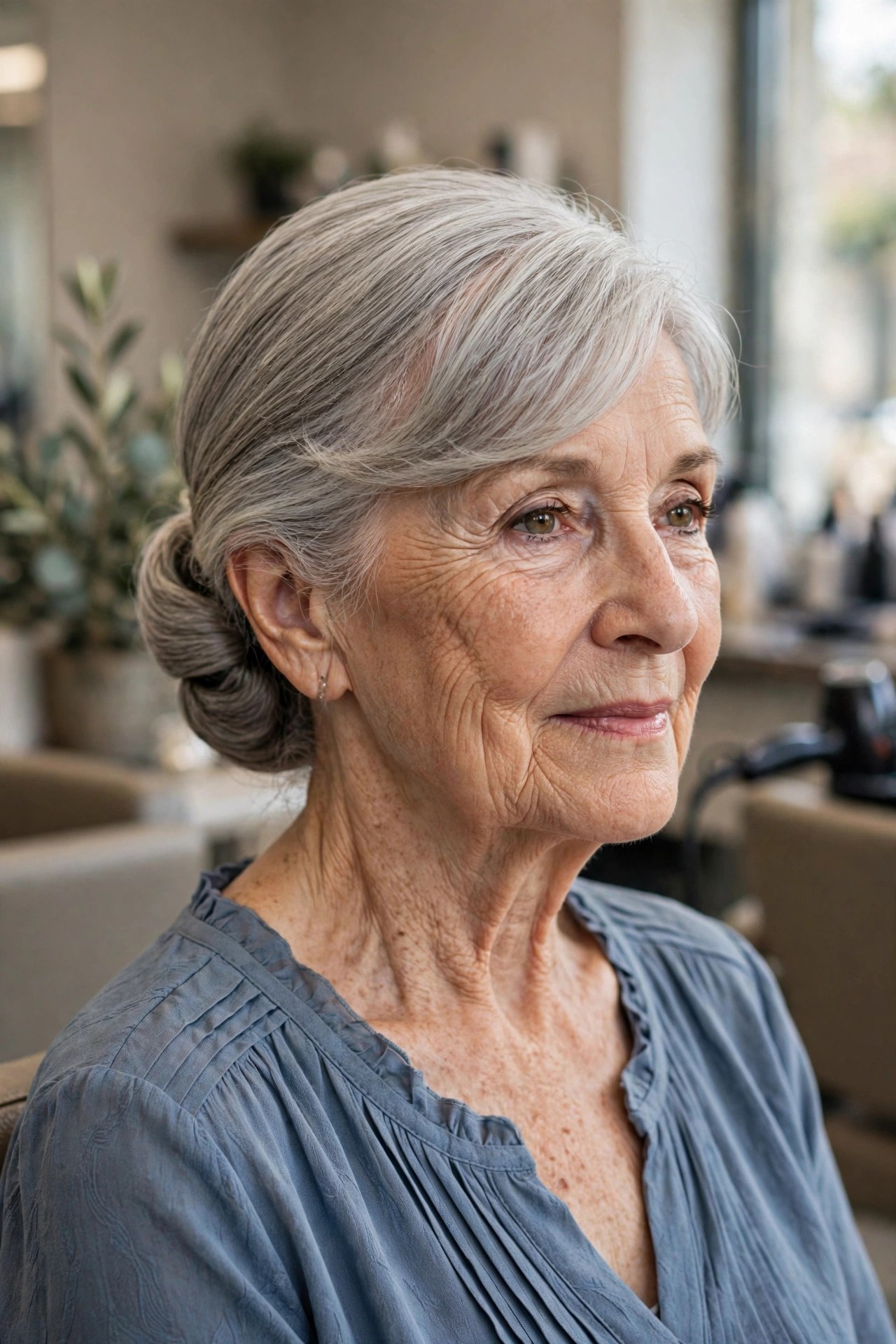 Classic Low Chignon with Side-Swept Fringe - mother of the bride hairstyle for a woman over 60