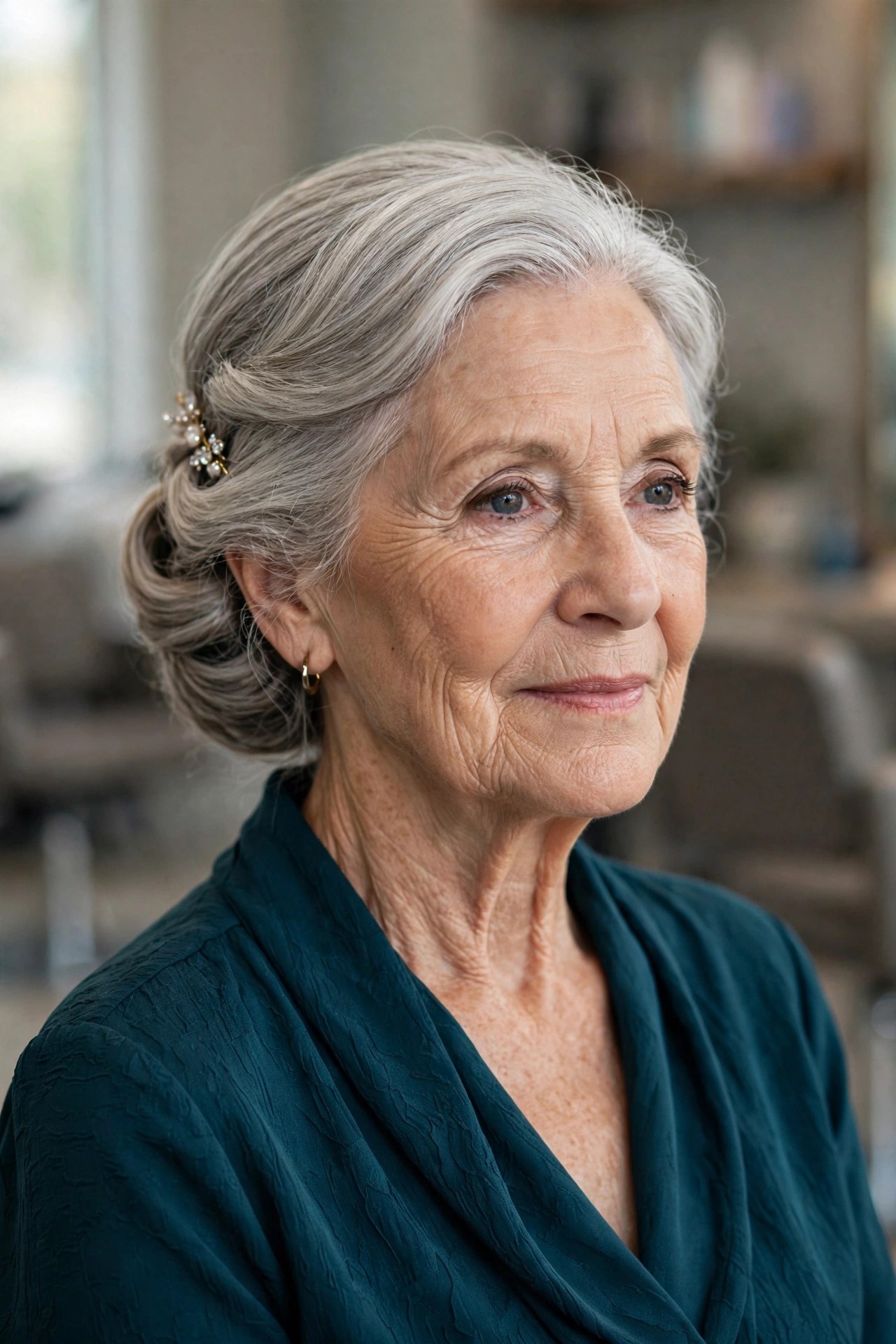 Side Chignon with a Pearl Pin - mother of the bride hairstyle for a woman over 60