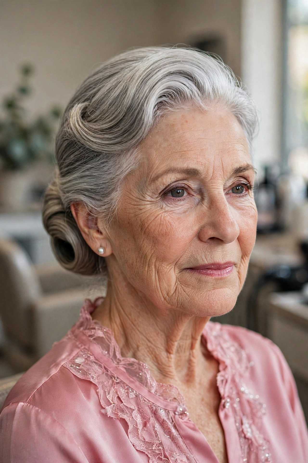 Smooth Rolled Low Bun - mother of the bride hairstyle for a woman over 60